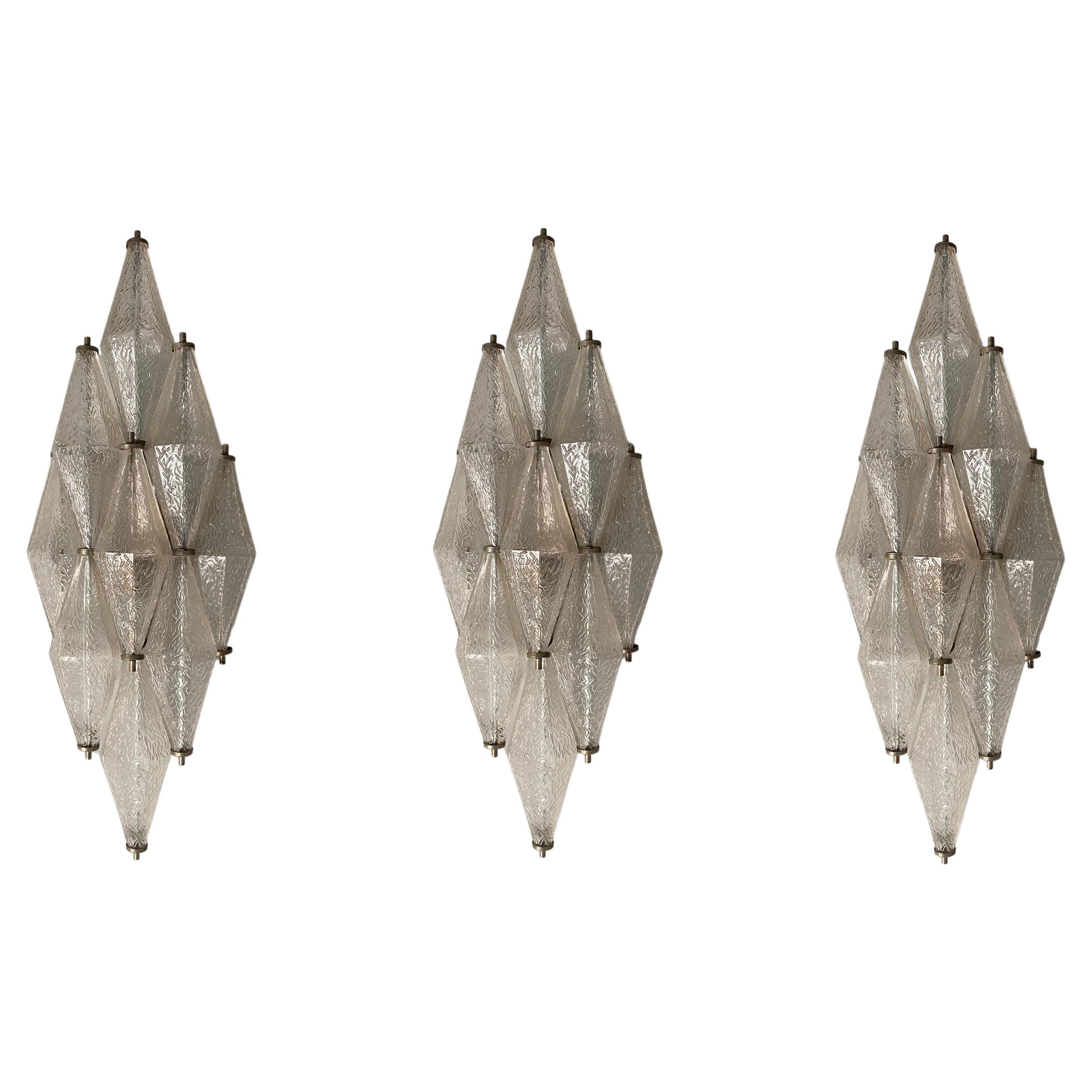 Set of Three Poliedri Glass Wall Sconces, Murano, Italy 1970s