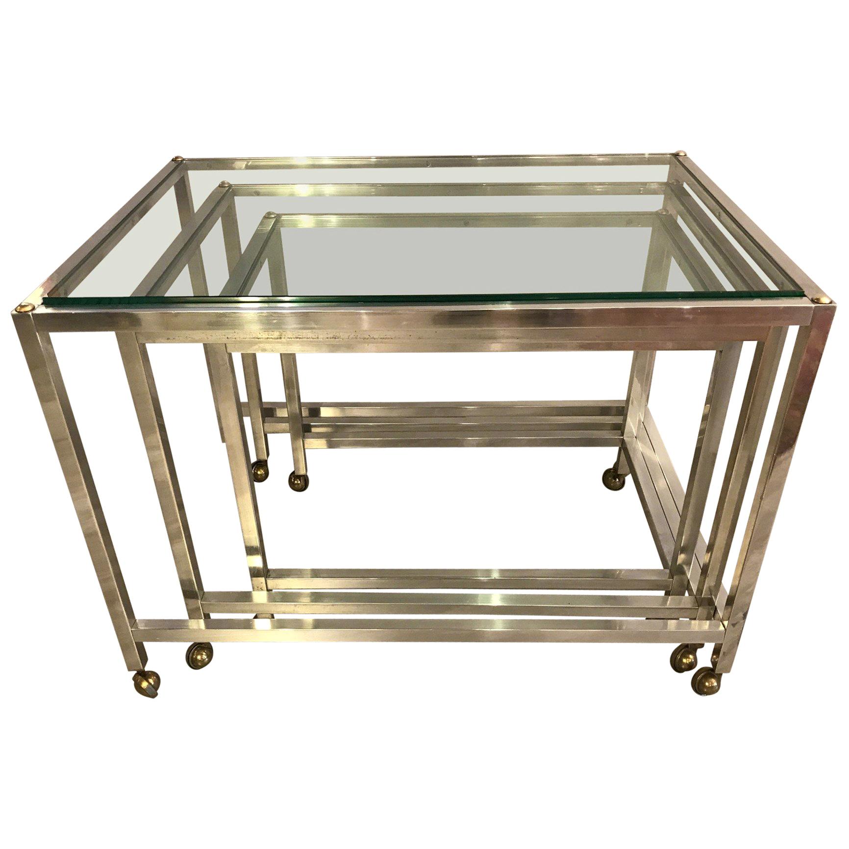Set of Three Metal and Glass Nesting Tables by Max Sauze For Sale at