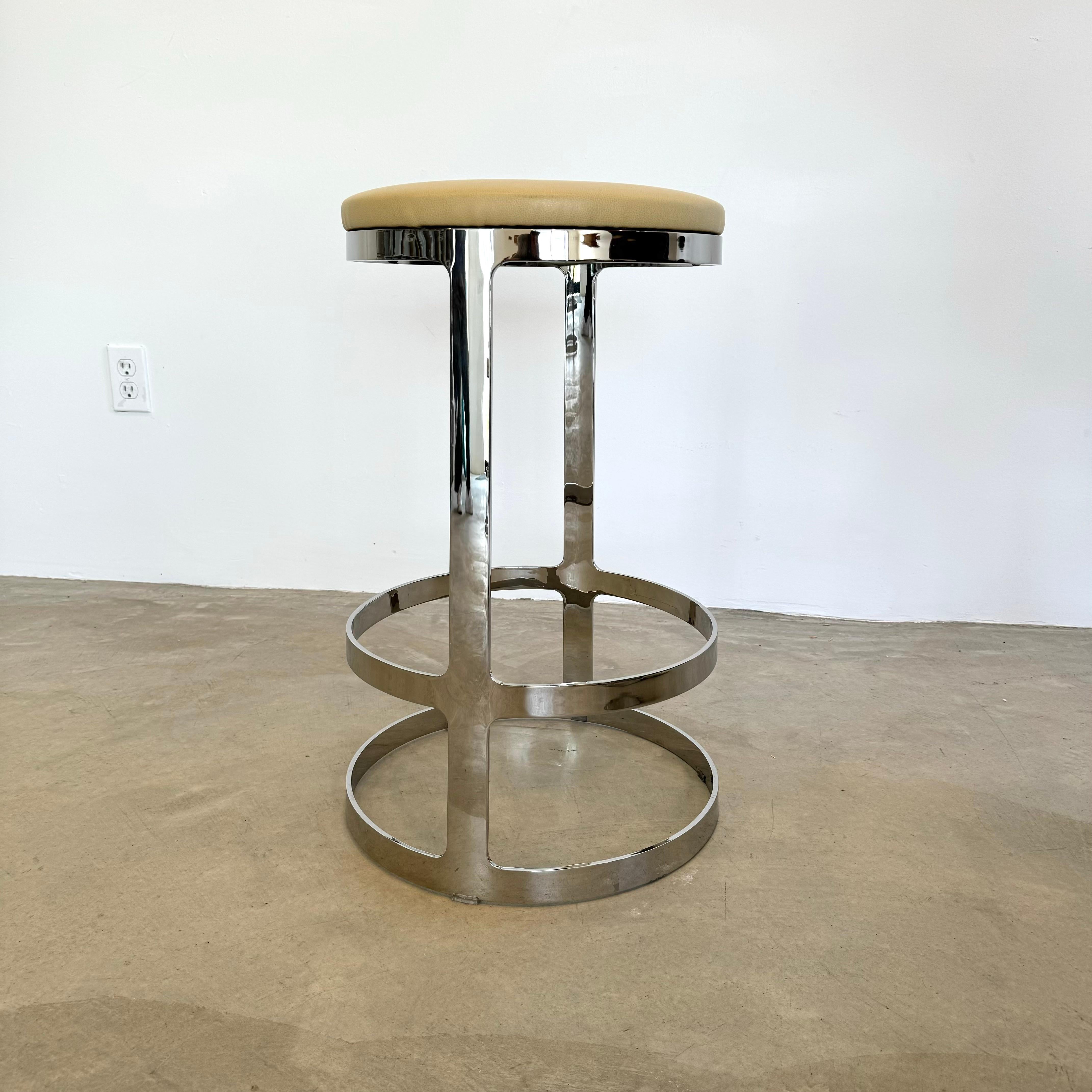 Set of Three Polished Steel and Leather Swivel Counter Stools, 2000s USA For Sale 9