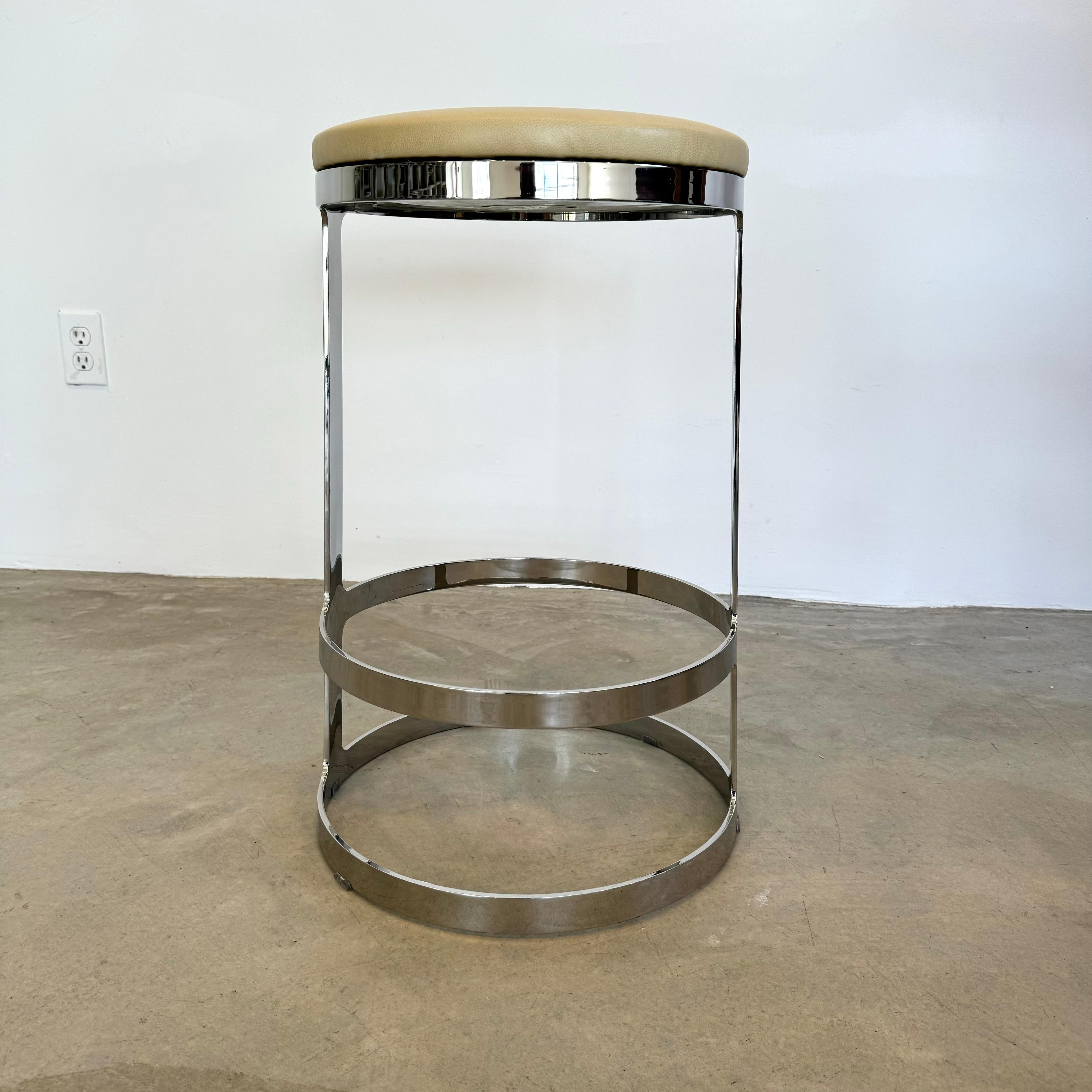 Set of Three Polished Steel and Leather Swivel Counter Stools, 2000s USA For Sale 10