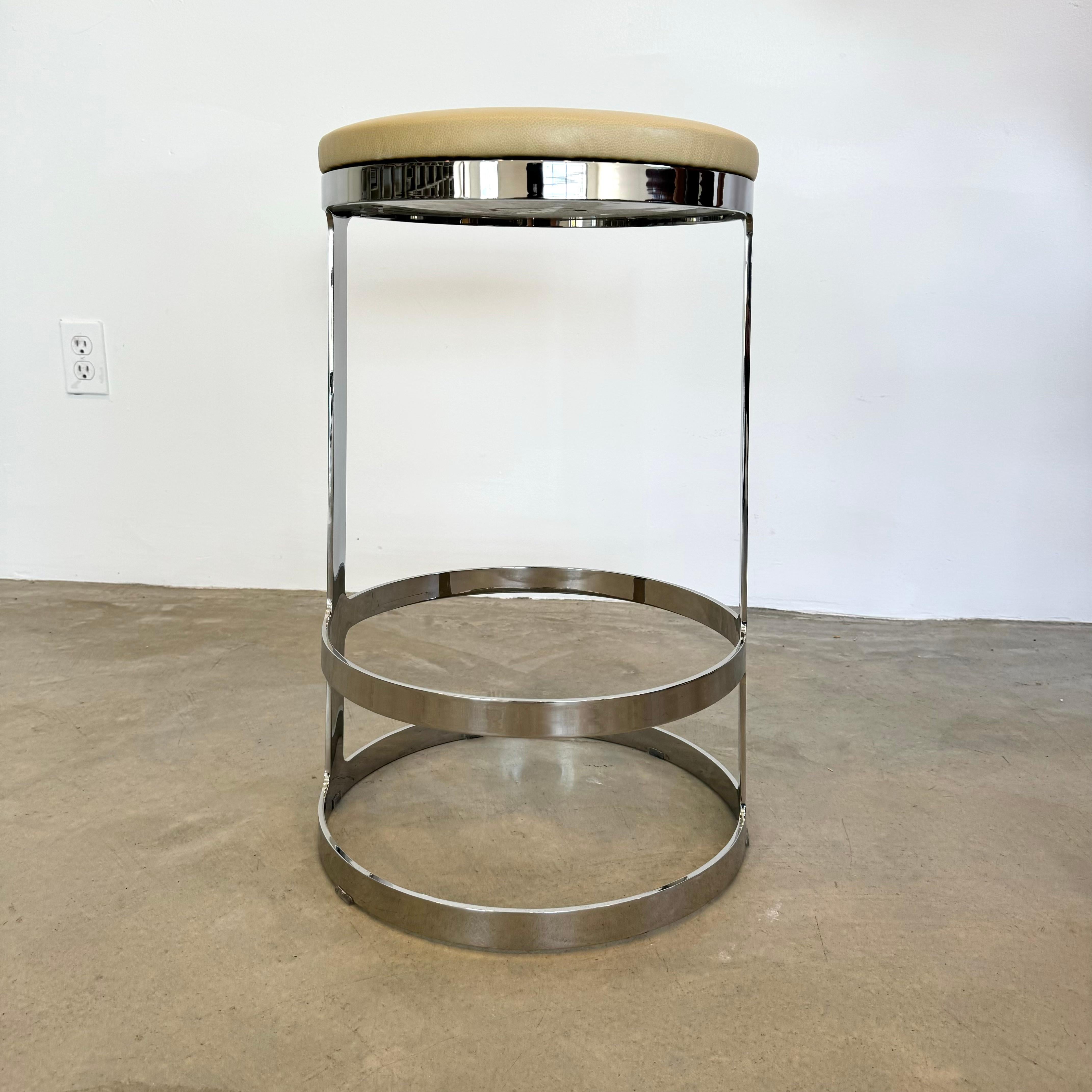 American Set of Three Polished Steel and Leather Swivel Counter Stools, 2000s USA For Sale