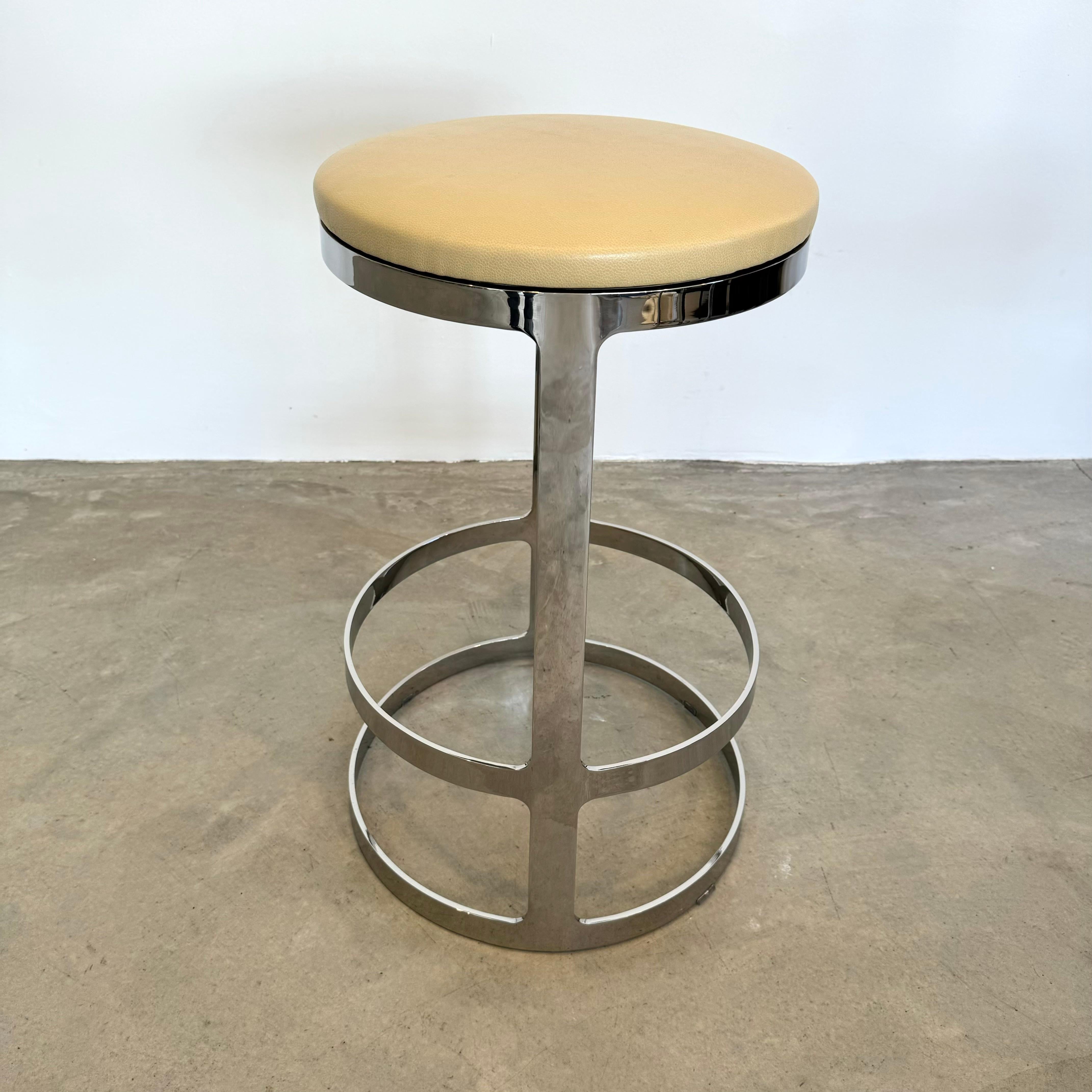 Contemporary Set of Three Polished Steel and Leather Swivel Counter Stools, 2000s USA For Sale