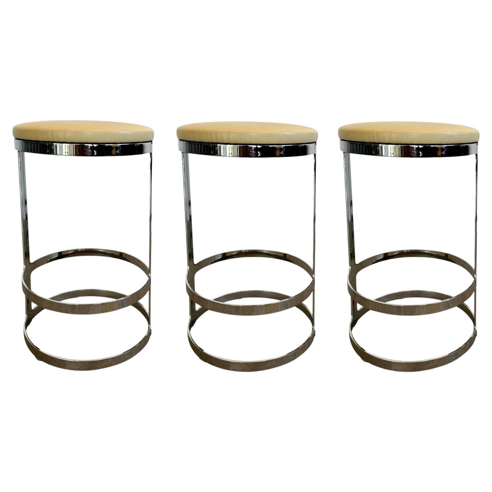 Set of Three Polished Steel and Leather Swivel Counter Stools, 2000s USA