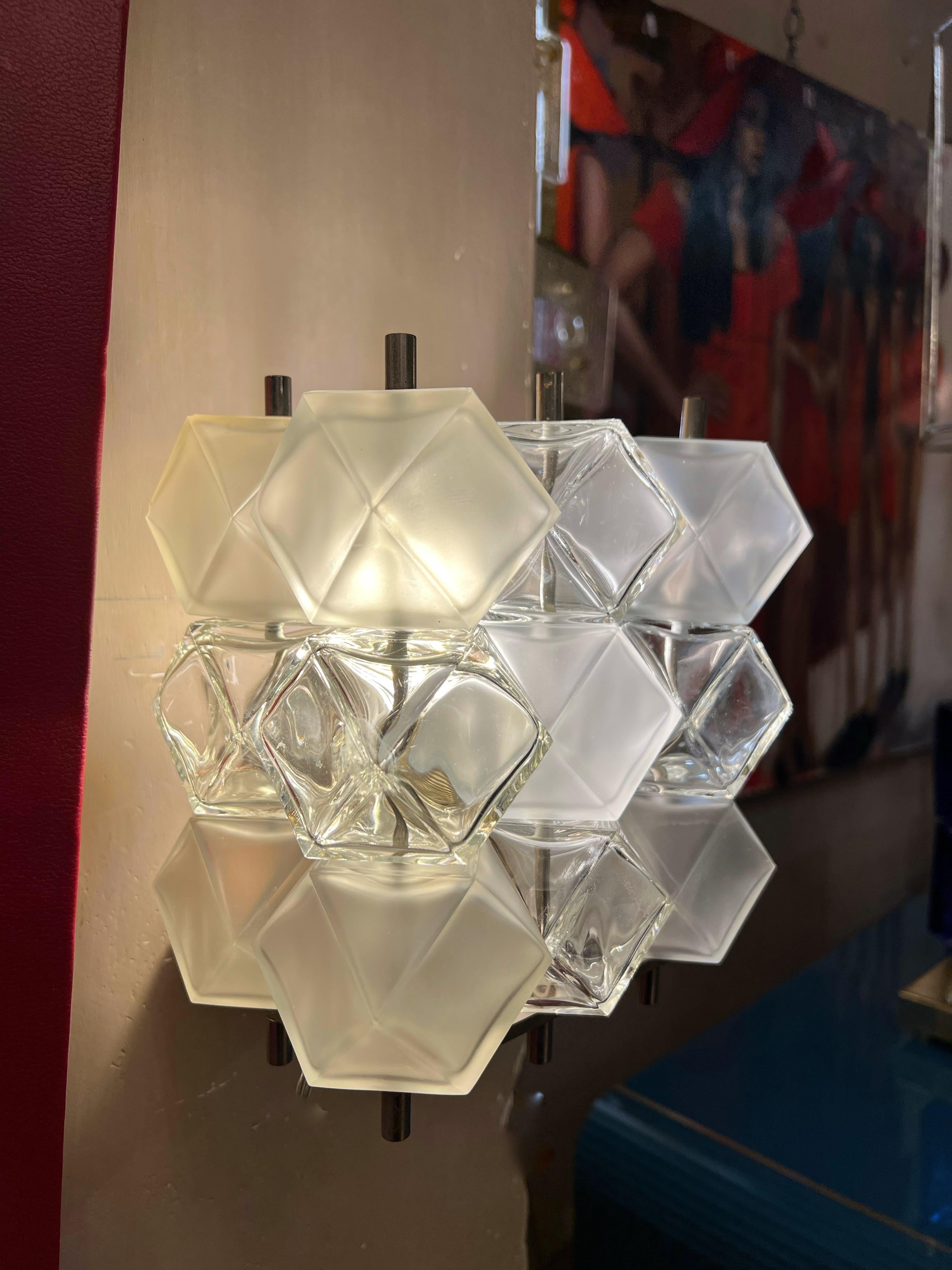 Metal Set of three Polyhedral Murano Glass Cubes Wall Sconces by Toso, 1950s