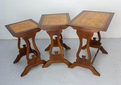 Set of Three Poplar Nesting Tables with Top Recovered of Leather Mid-Century
