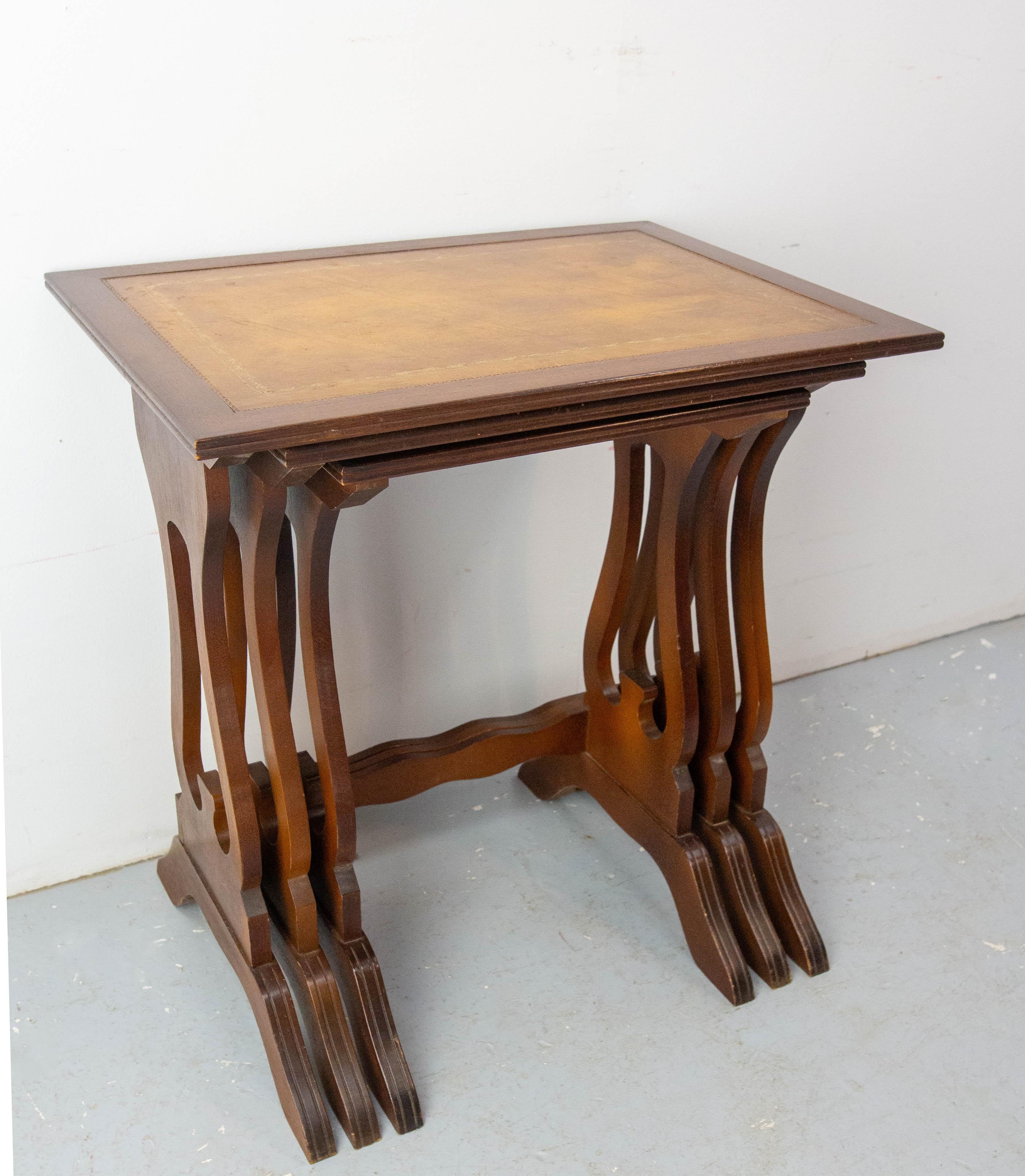 French Set of Three Poplar Nesting Tables with Top Recovered of Leather Mid-Century For Sale