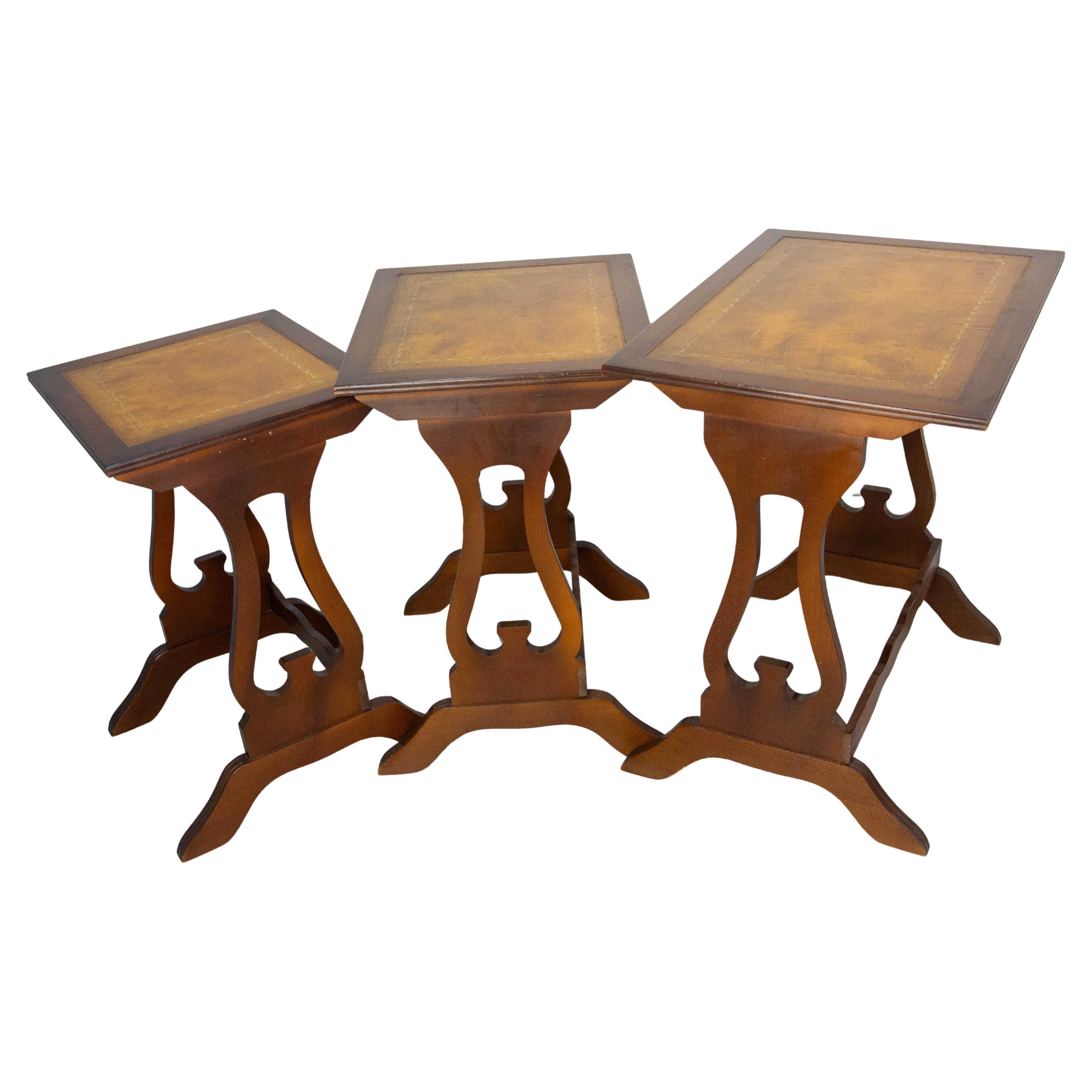 Set of Three Poplar Nesting Tables with Top Recovered of Leather Mid-Century For Sale