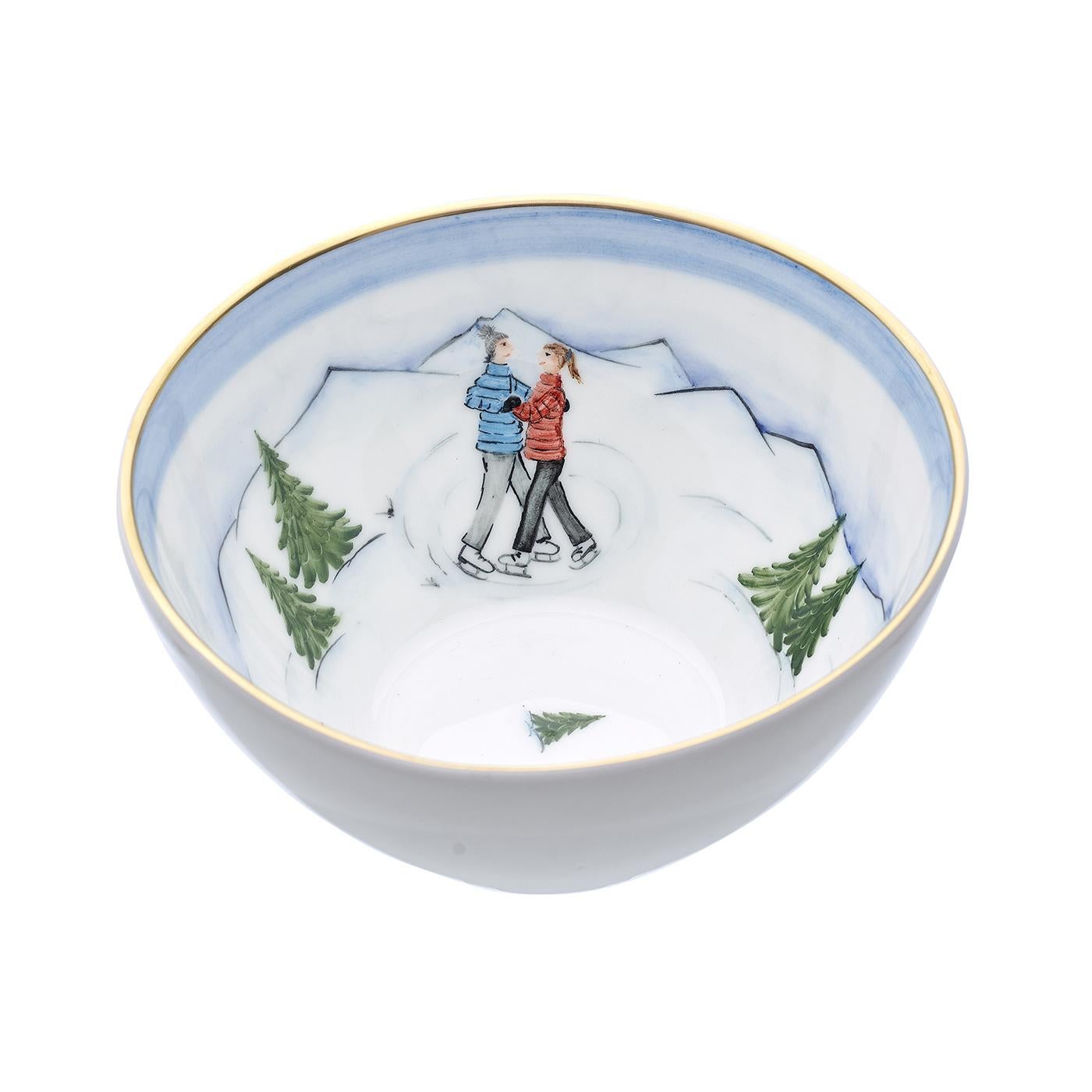 These completely handmade porcelain bowls are painted by hand with a charming hands-free winter decor. Teh decor comes as a set of three decors. One shows a boy on a sladder, the second bowl is hands-free painted with a pair of ice skater.
The third