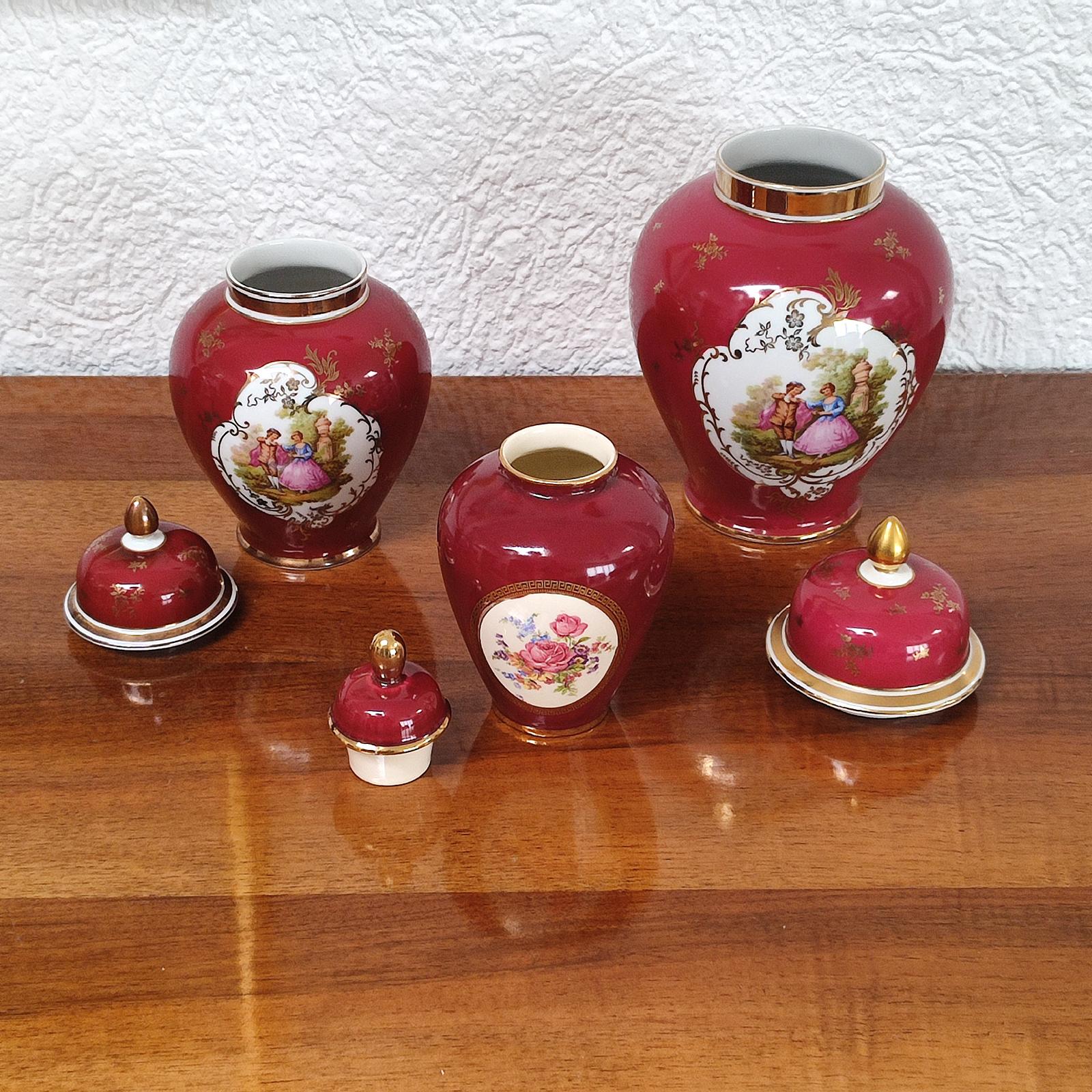 German Set of Three Porcelain Urns with Lid, Hand-Painted with Fragonard Scenes For Sale