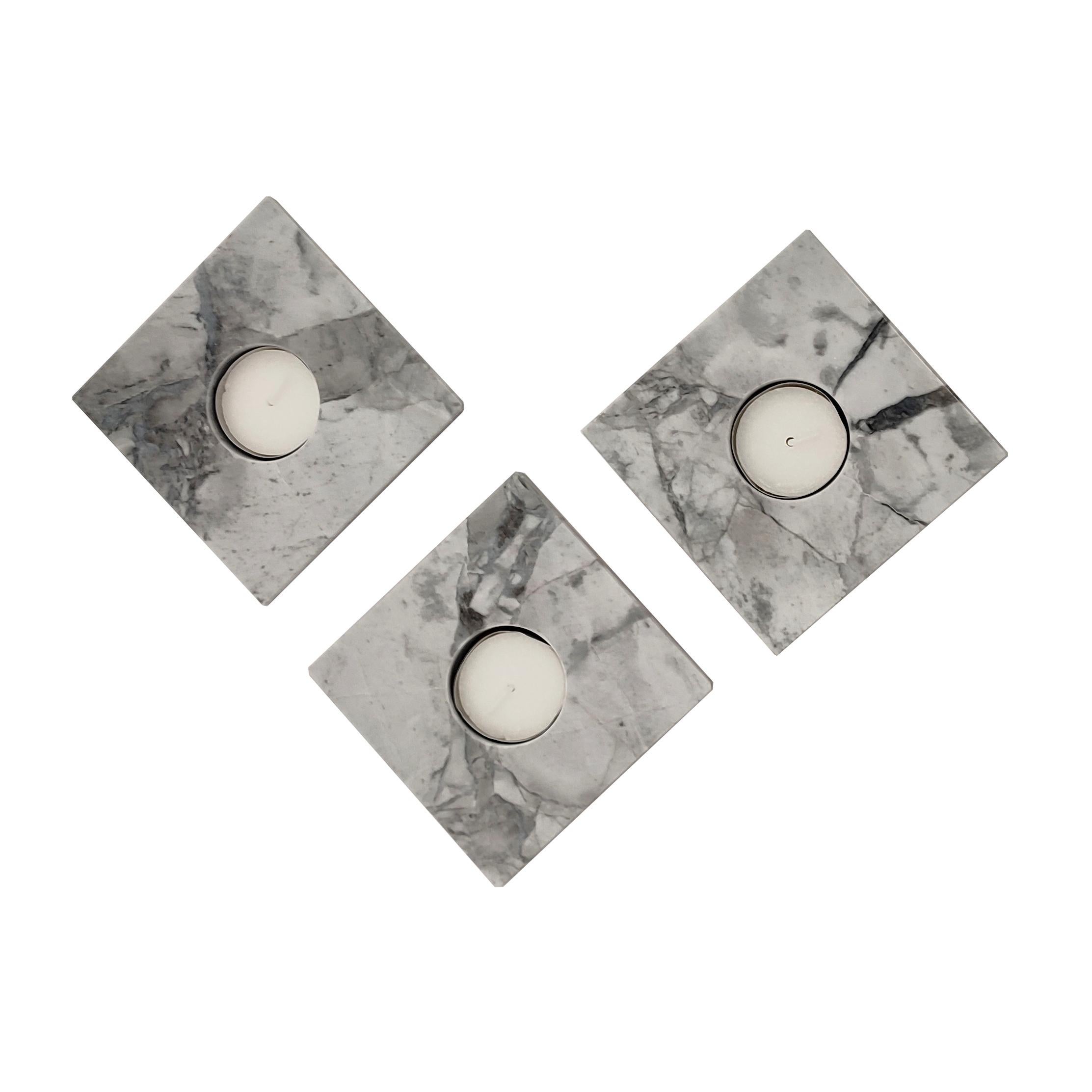 Hand-Crafted Set of 3 Portobello Marble Candle Holders Modern Design Mother’s Day Gift Spain For Sale