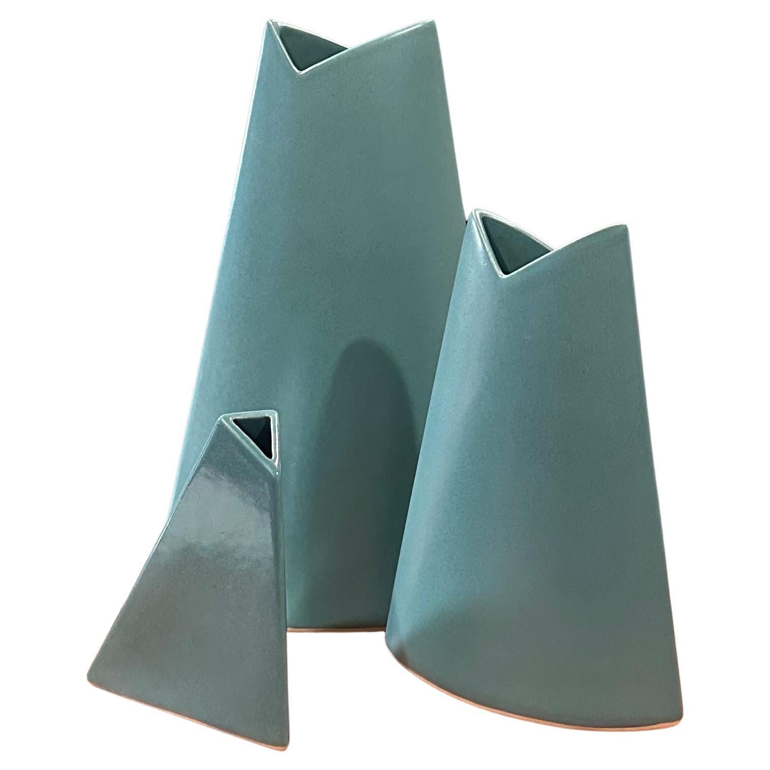 Set of Three Post-Modern Geometric Ceramic Vases by James Johnston For Sale