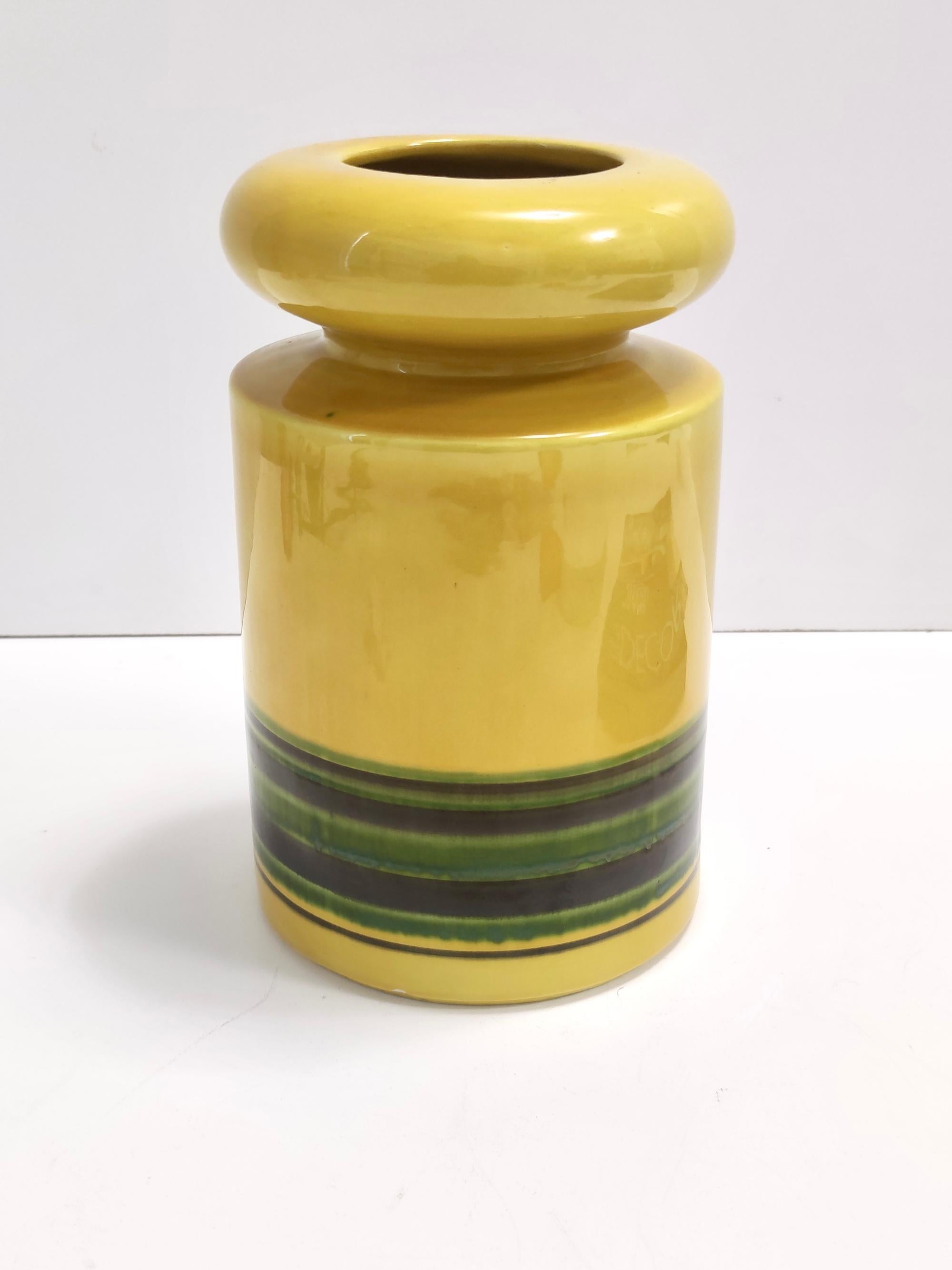 Ceramic Set of Three Postmodern Blue and Yellow Glazed Vase and Bottles by Parravicini For Sale