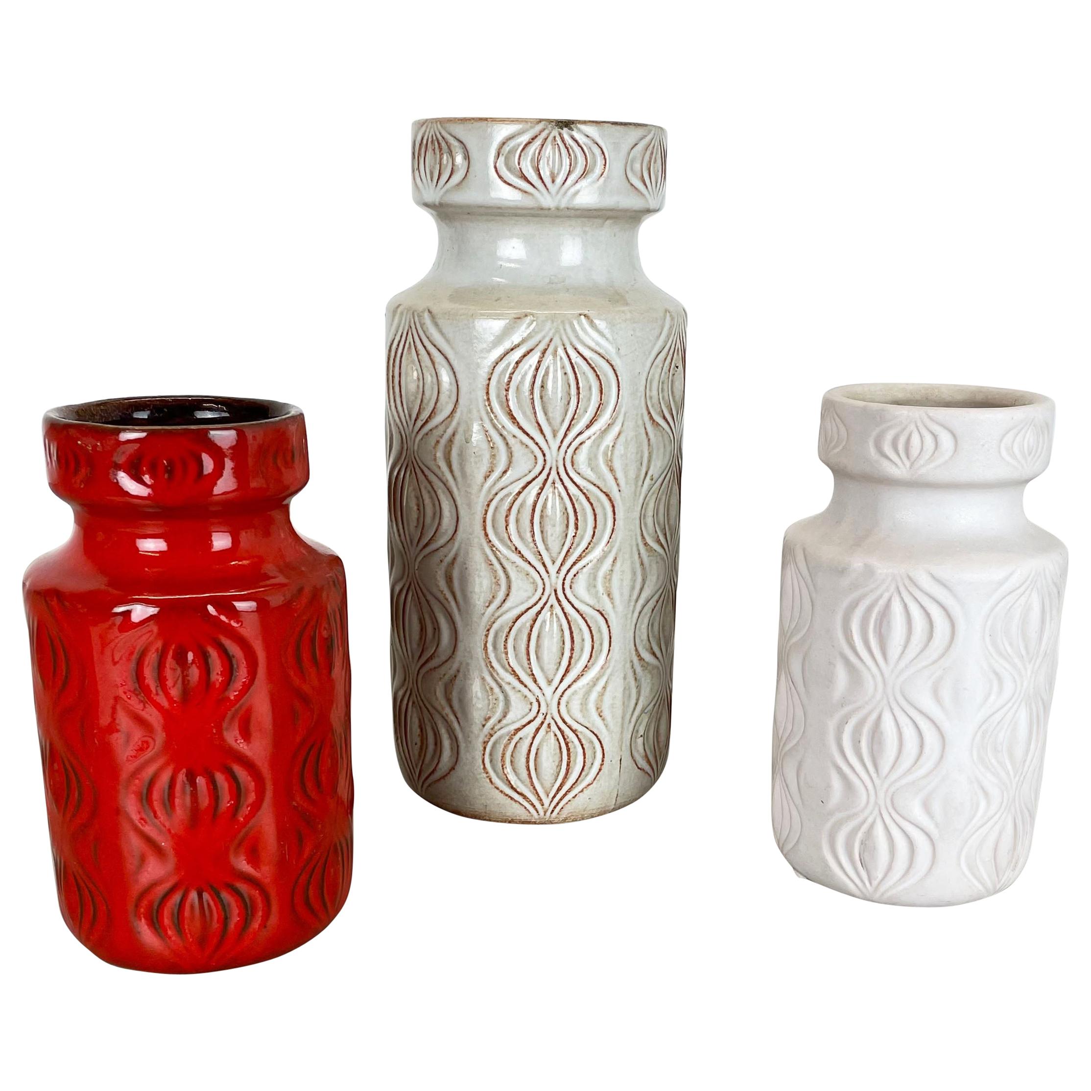 Ensemble de trois vases en poterie lave grasse 285 « Onion » de Scheurich, Allemagne, 1970