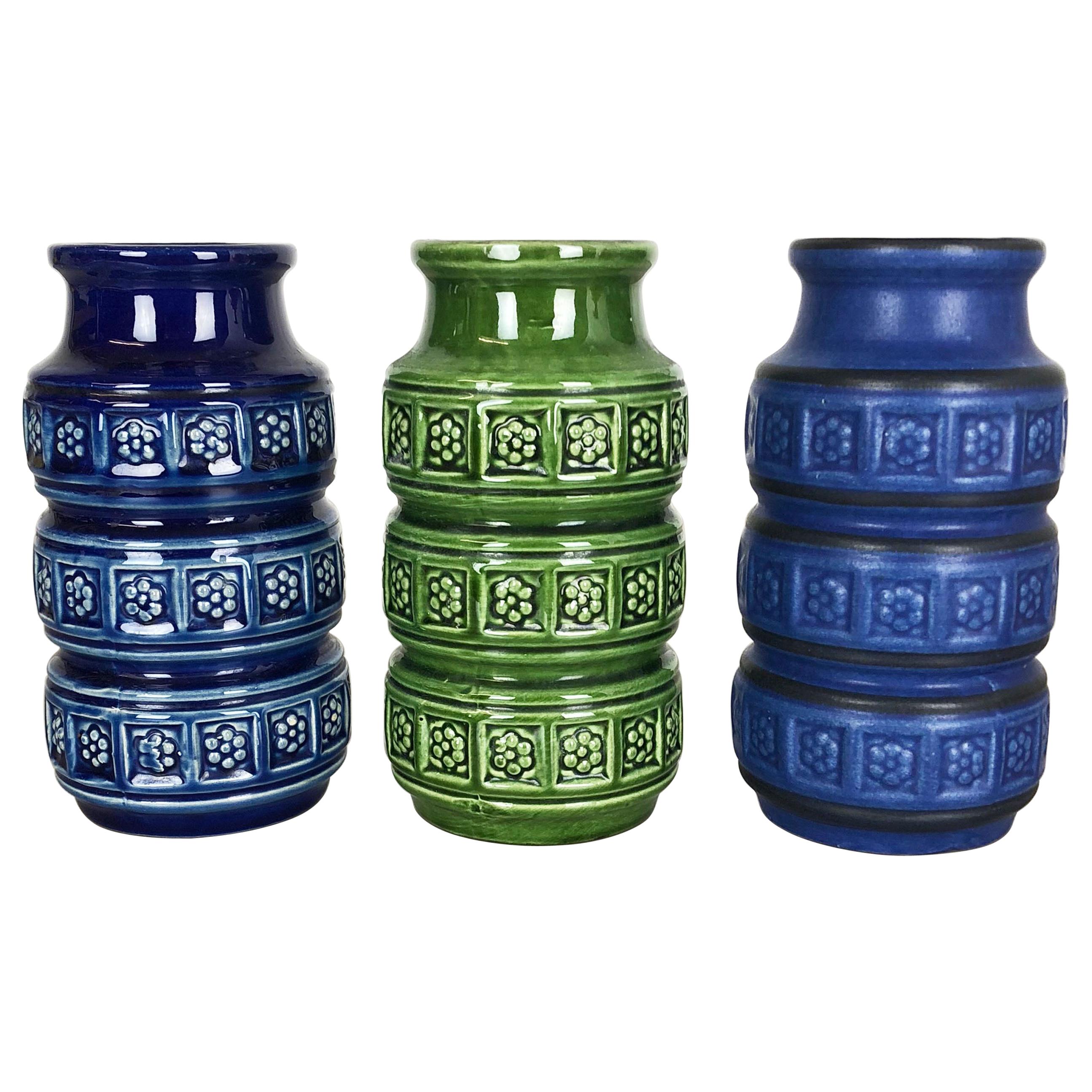 Set von drei flachen Lava-Vasen aus Keramik „Multi-Color“ von Scheurich, Deutschland, 1970er Jahre