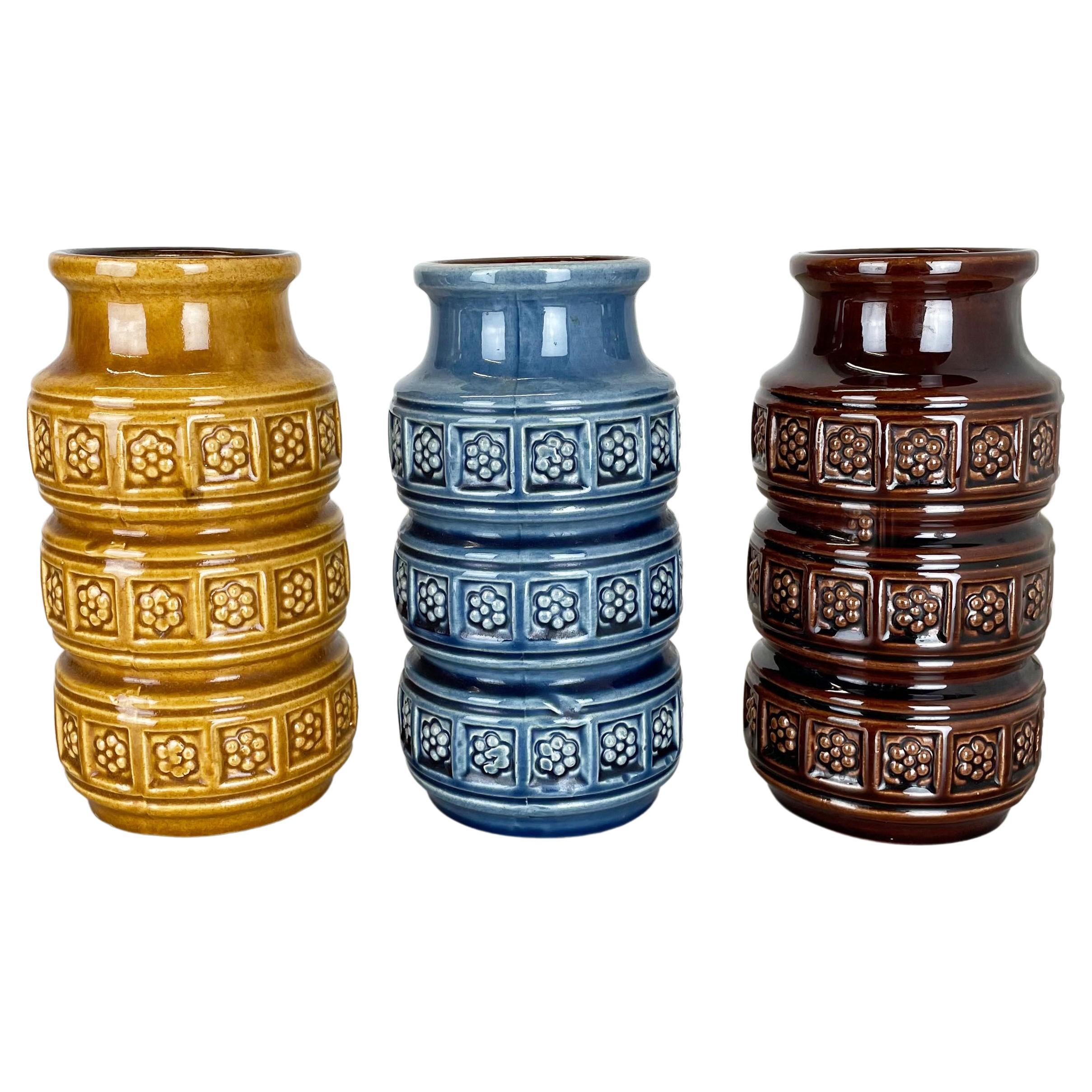 Set of Three Pottery Fat Lava Vases "Multi-Color" by Scheurich, Germany, 1970s For Sale
