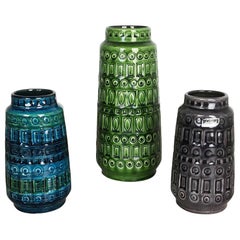 Set of Three Pottery Fat Lava Vases "Op Art" by Scheurich, Germany, 1970s