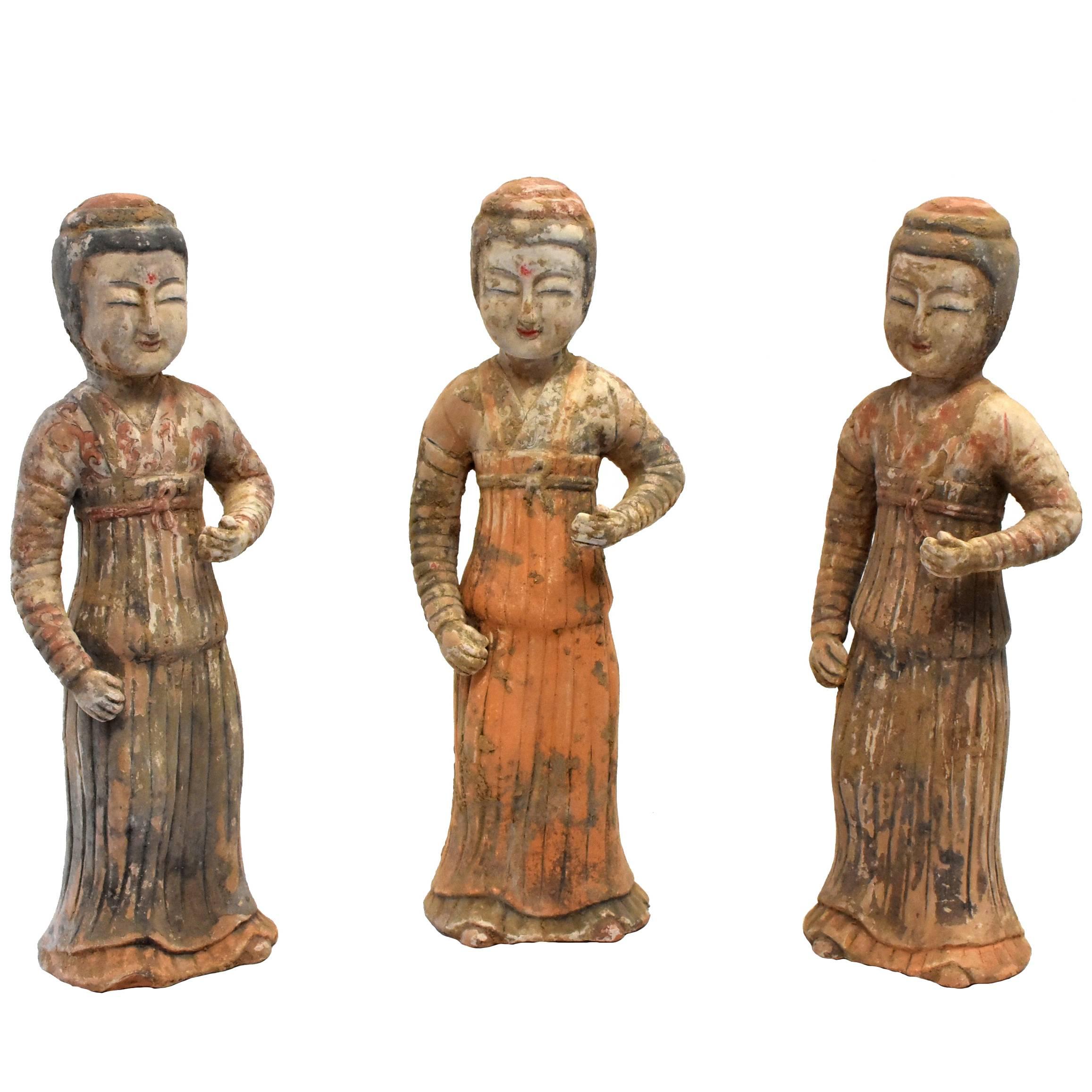 Set of Three Terracotta Court Ladies in Han Style For Sale