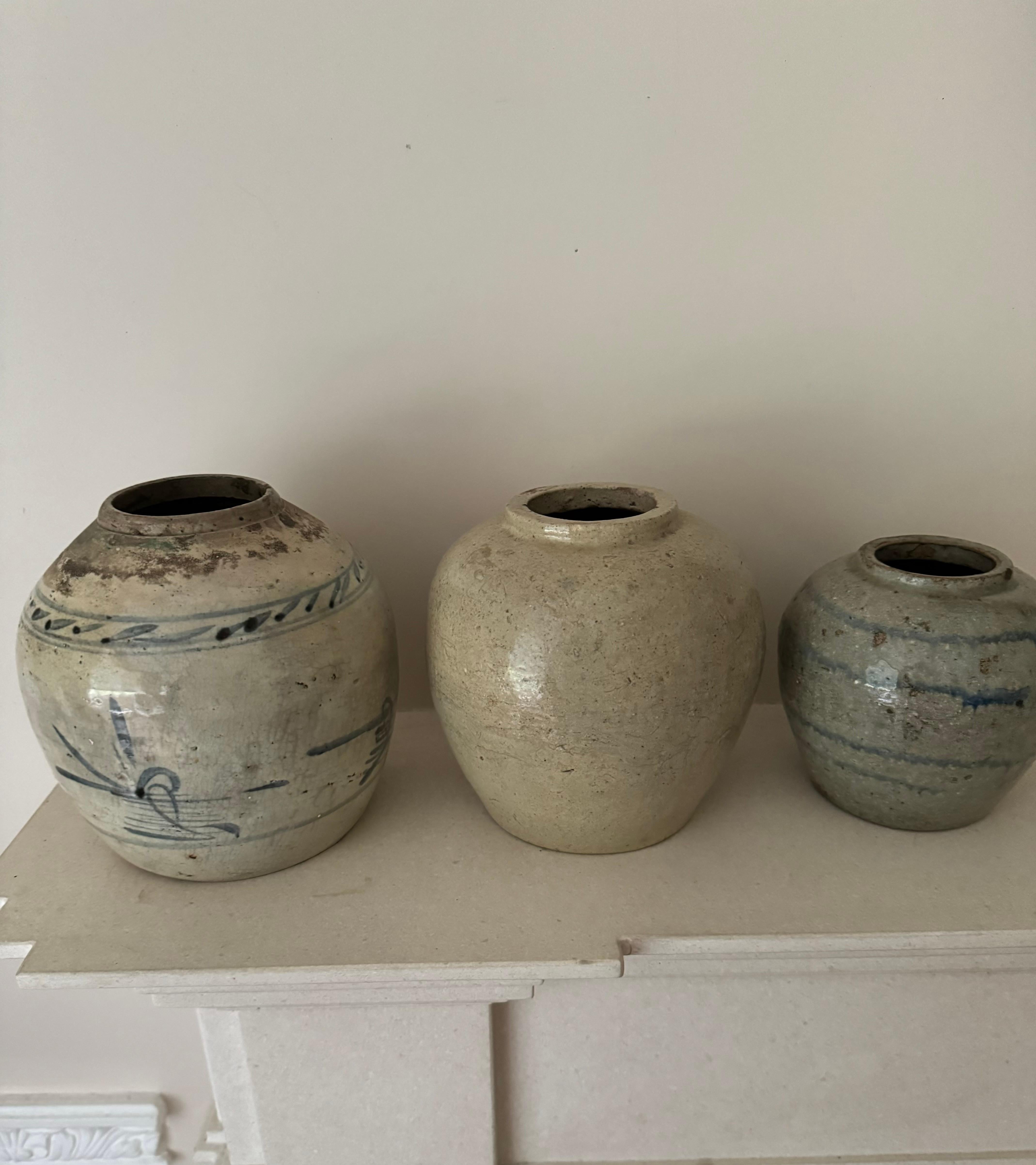 Chinese Export Set of three provincial glazed pottery ginger jars For Sale