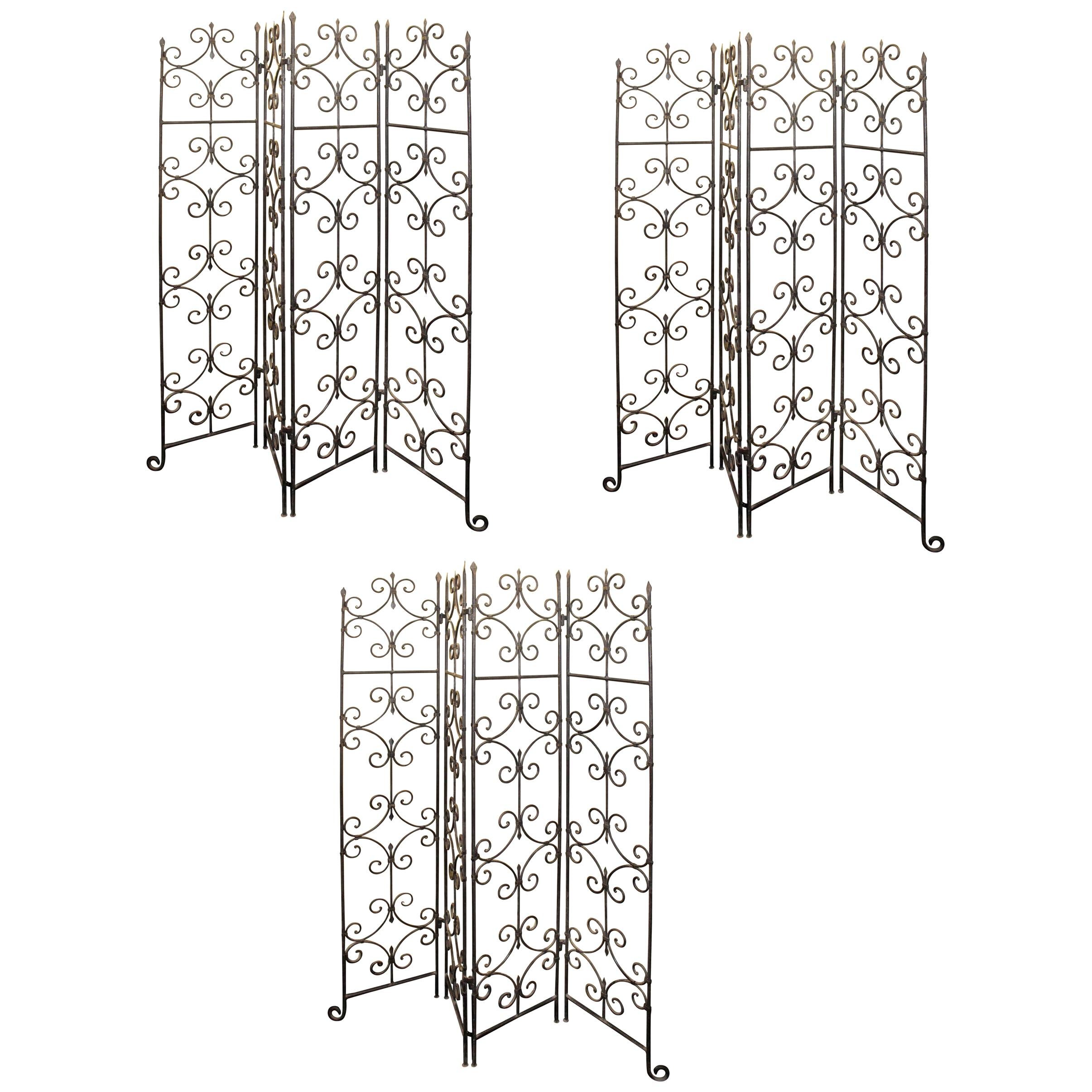 Set of Three Quality Heavy Old Wrought Iron Four Fold Screens