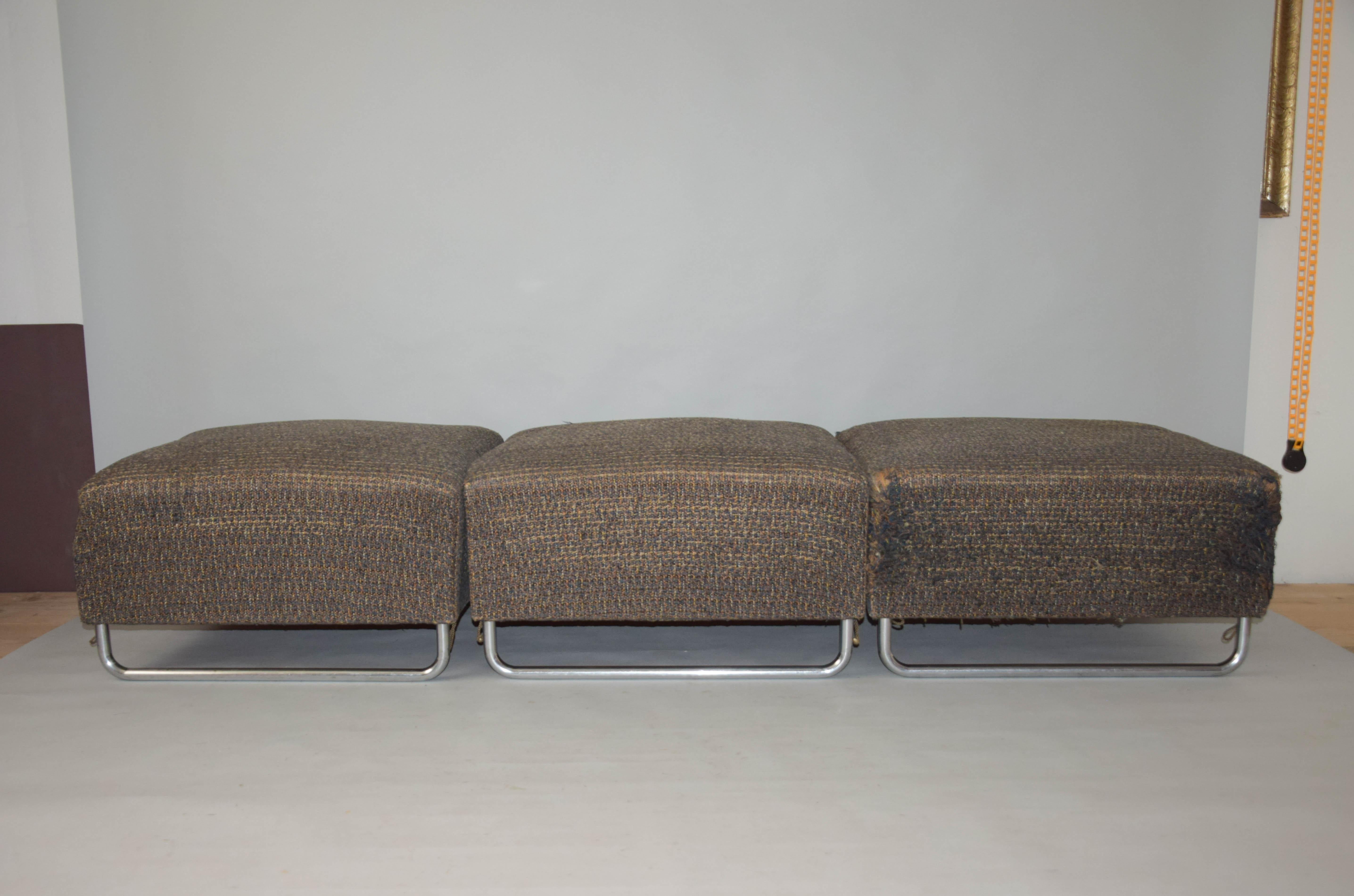 - antique variable sofa or daybed model H-120 (185x74cm or 220x60cm).
- Extremely rare set of three stools designed by Jindrich Halabala in 1930s. 
- Each stool can be used separately
- Manufactured by ÚP závody Brno
- functionalism
-  Chrome-plated
