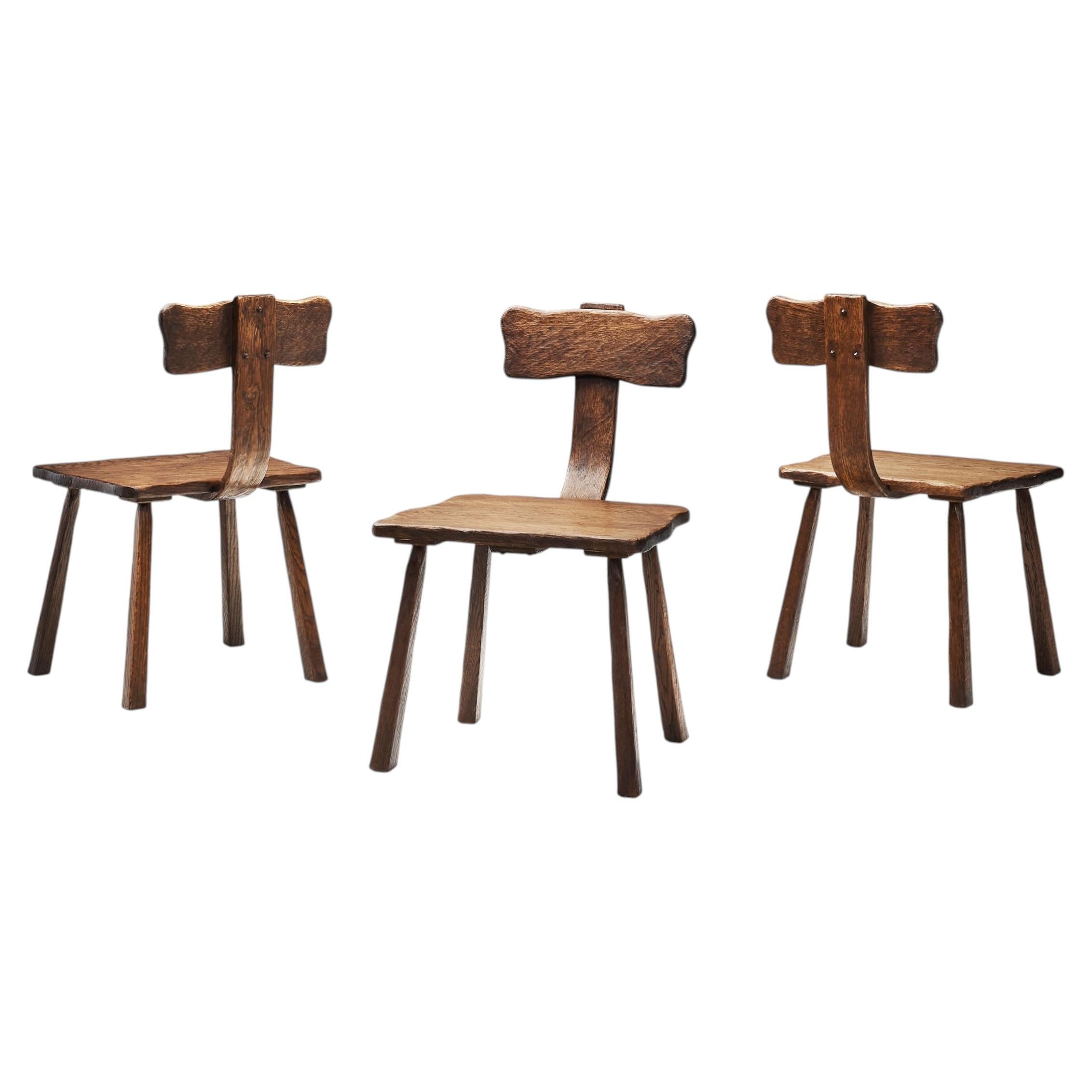 Set of Three Rare Handcrafted Wooden Chairs, Europe ca 1950s