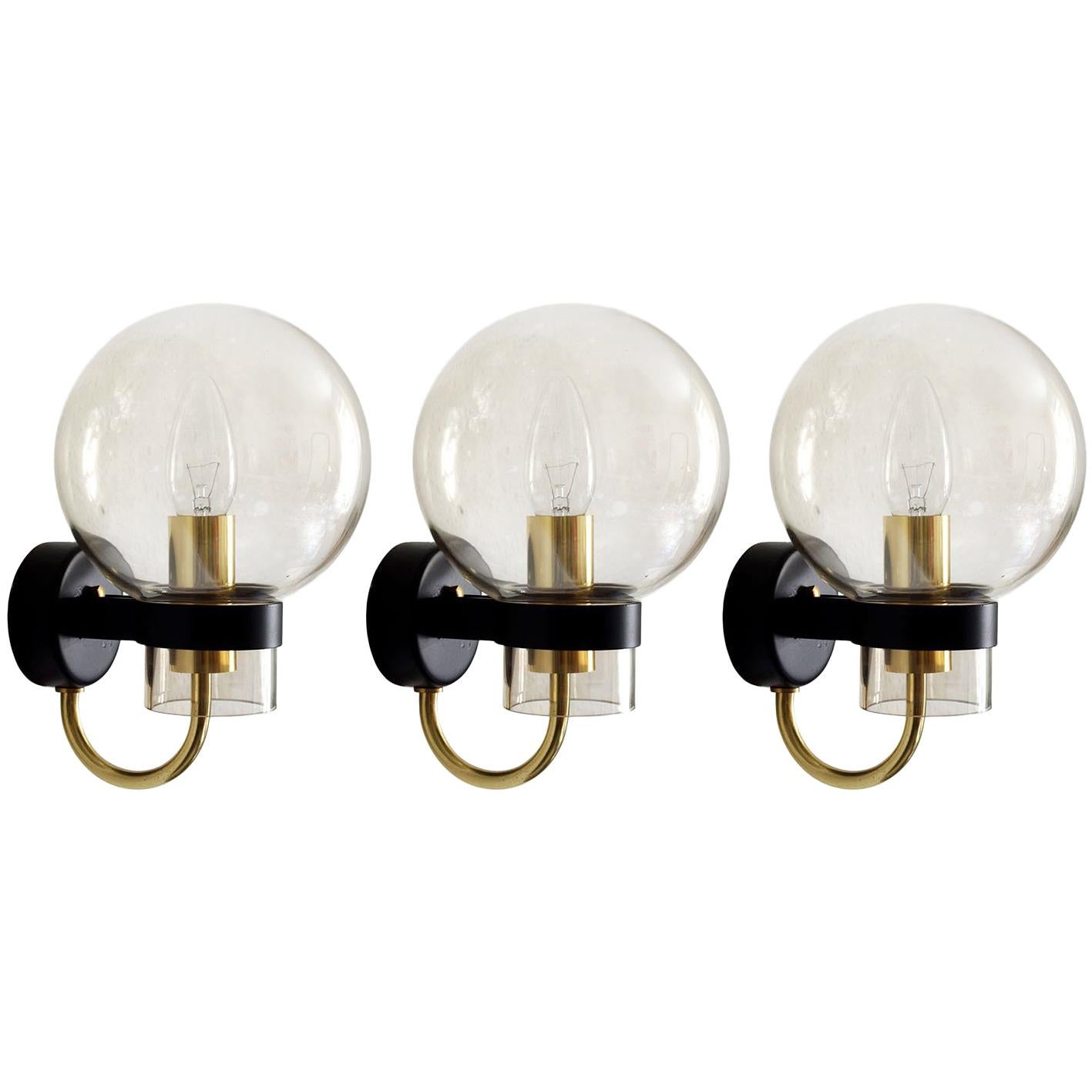 Set of Three Rare Modernist Glass Globes Sconces Wall Lamps, Germany 1960s