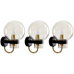 Vintage Set of Three Rare Modernist Glass Globes Sconces Wall Lamps, Germany 1960s