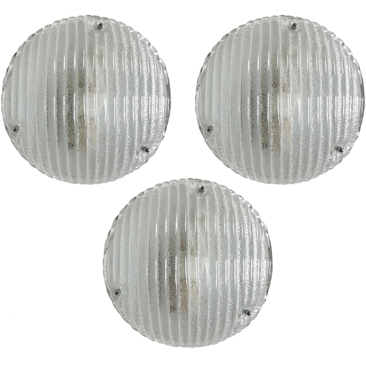 Set of Three Rare Round Geometric Glass Ceiling Wall Flush Mounts Sconces, 1960s