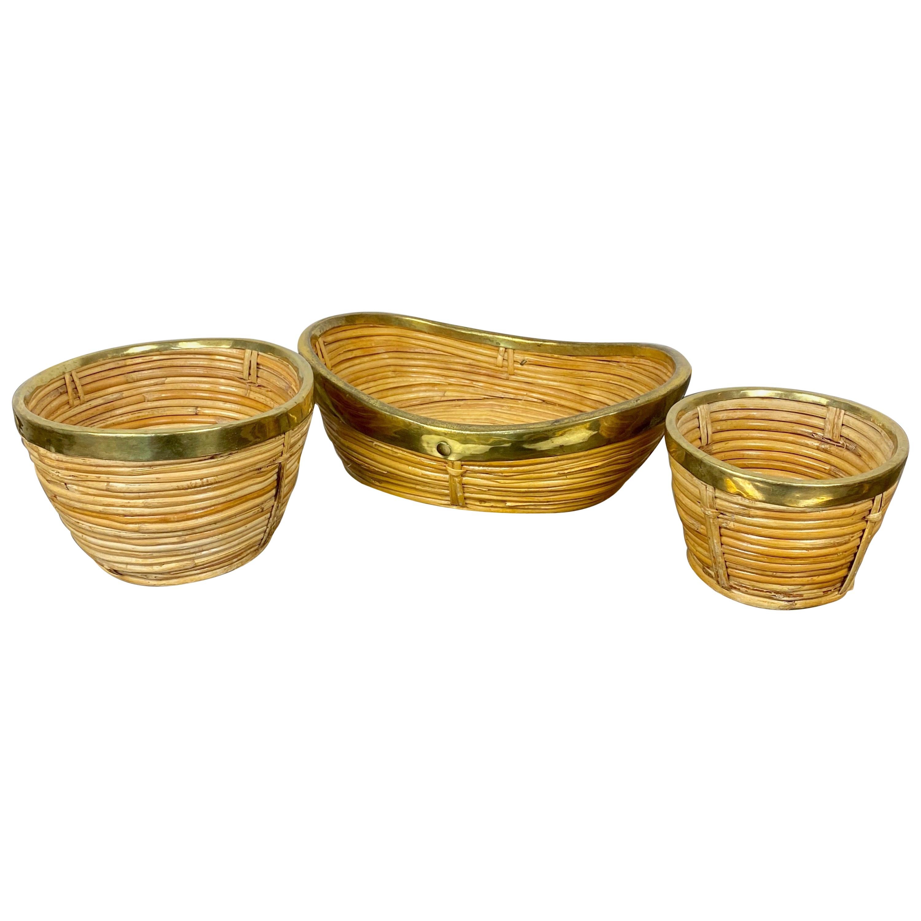 Set of Three Rattan and Brass Basket Bowls, Italy, 1970s