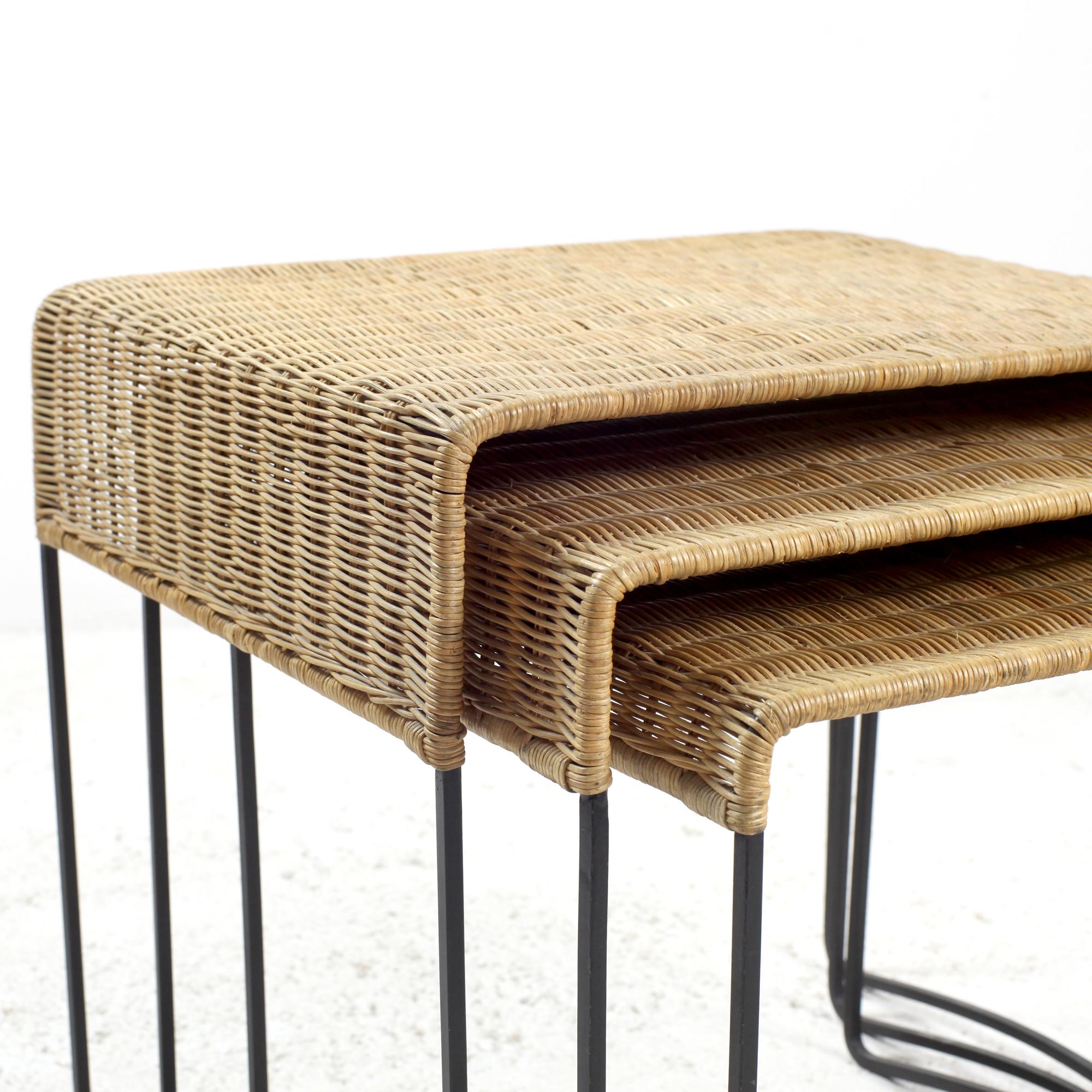 Set of Three Rattan and Iron Nesting Coffee Tables France 1960s For Sale 6