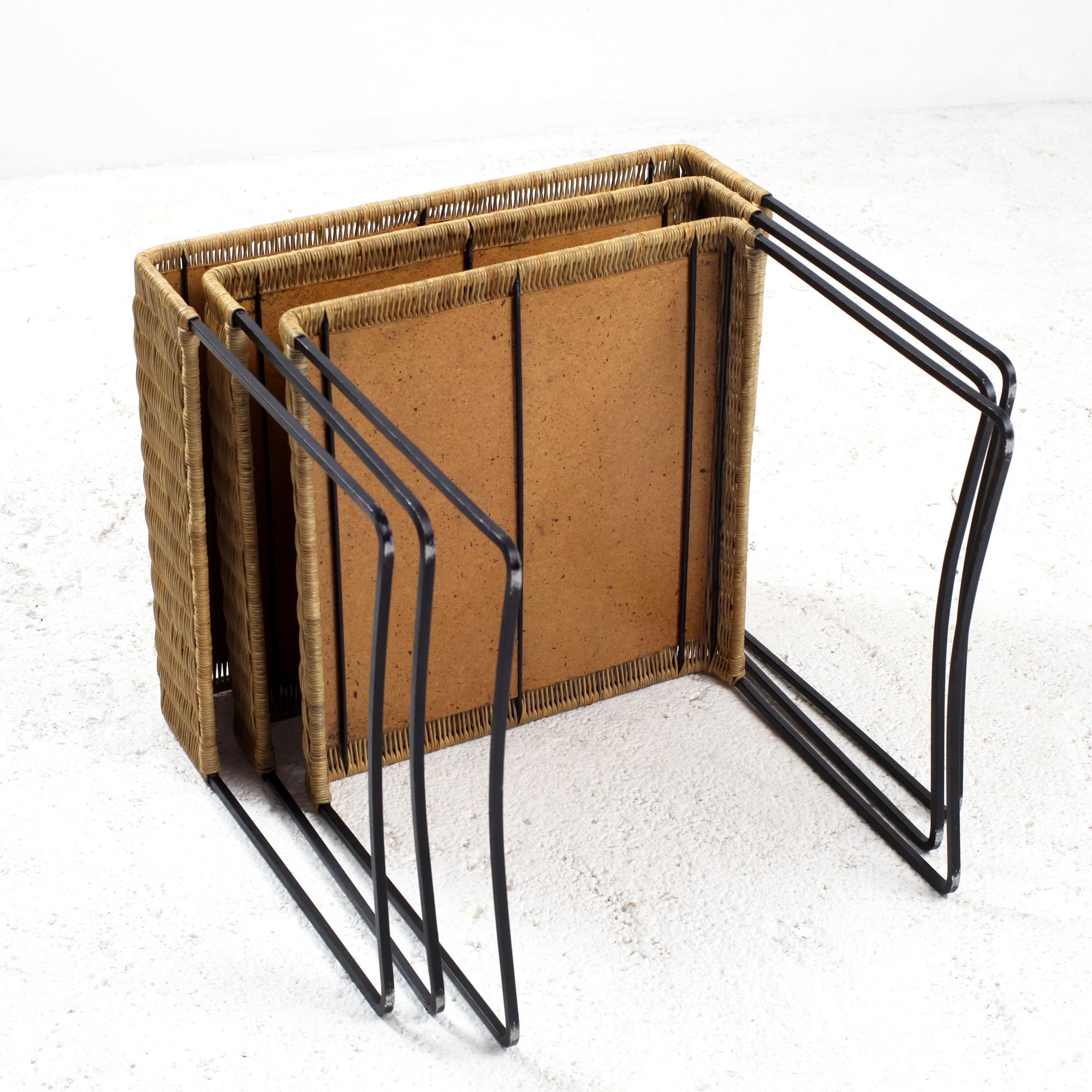 Set of Three Rattan and Iron Nesting Coffee Tables France 1960s For Sale 7