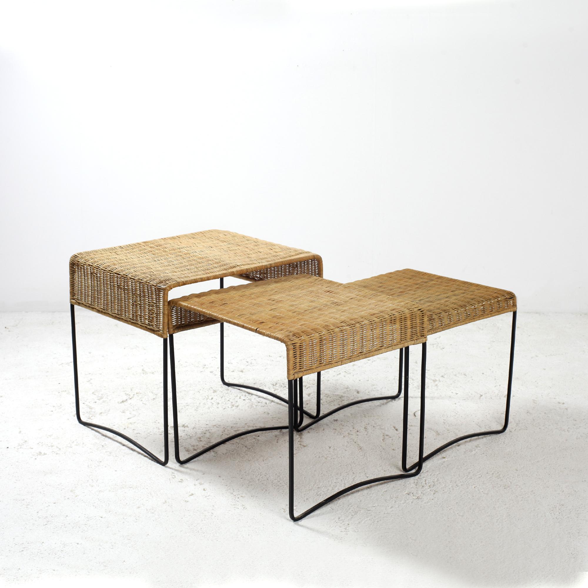 Mid-20th Century Set of Three Rattan and Iron Nesting Coffee Tables France 1960s For Sale