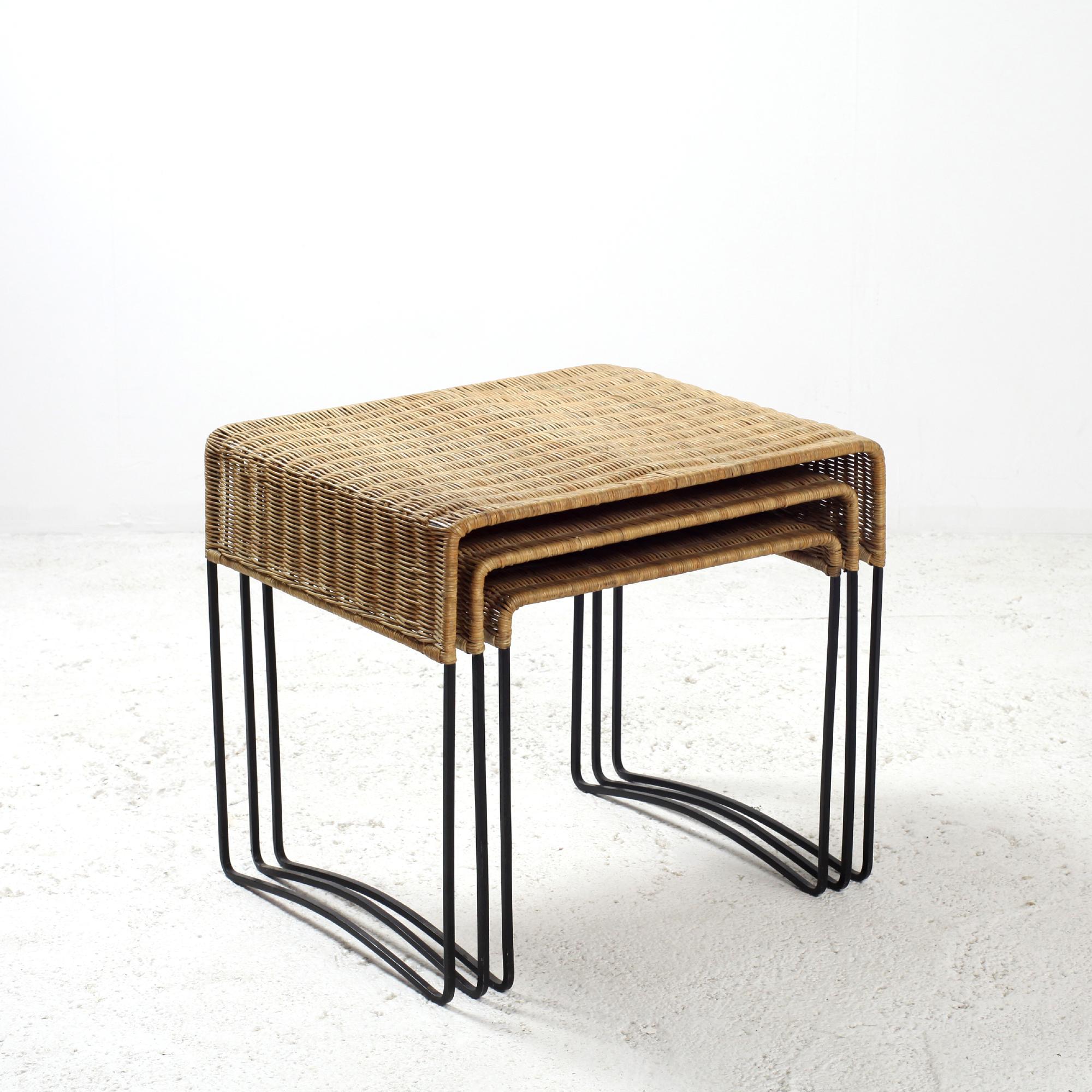 Metal Set of Three Rattan and Iron Nesting Coffee Tables France 1960s For Sale