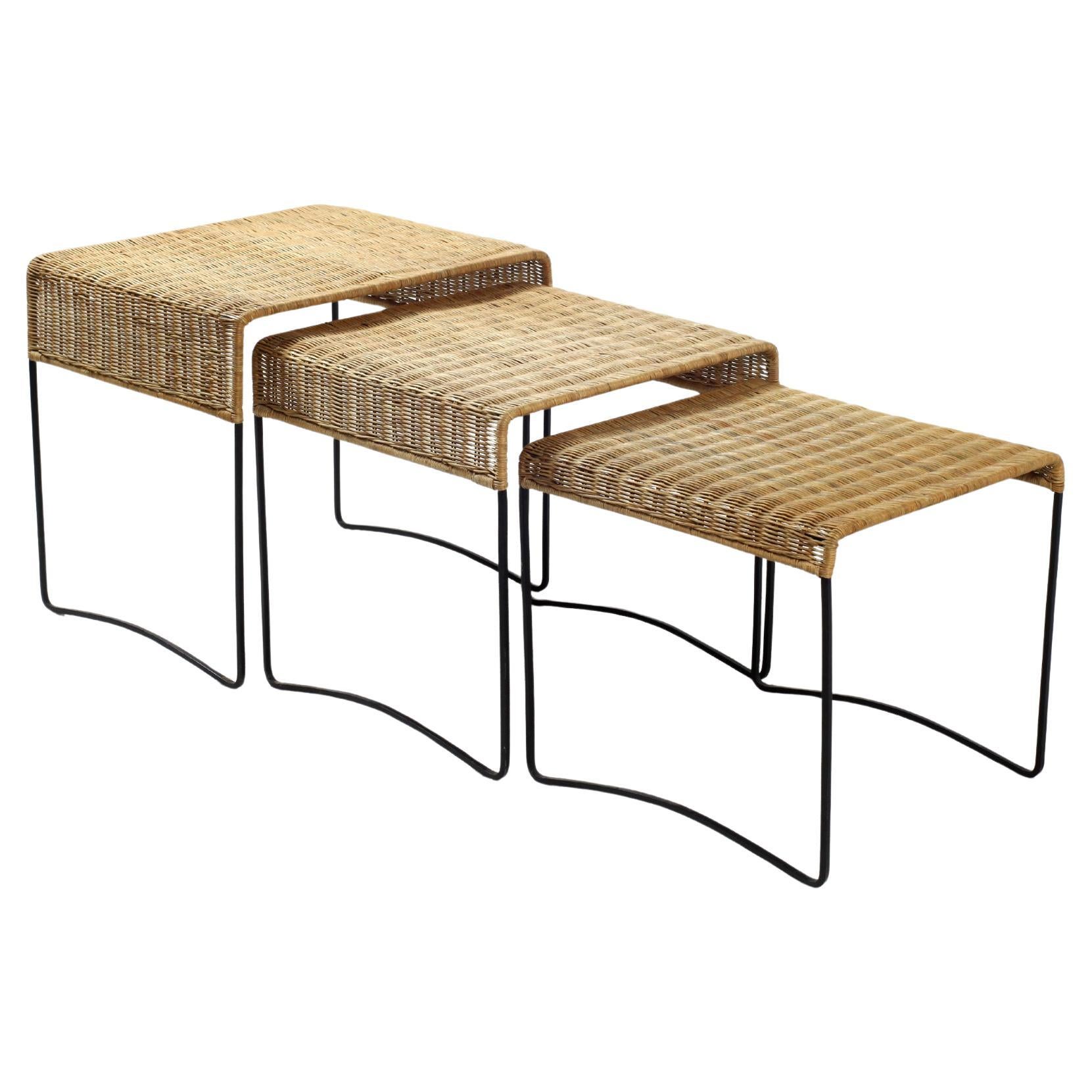 Set of Three Rattan and Iron Nesting Coffee Tables France 1960s For Sale
