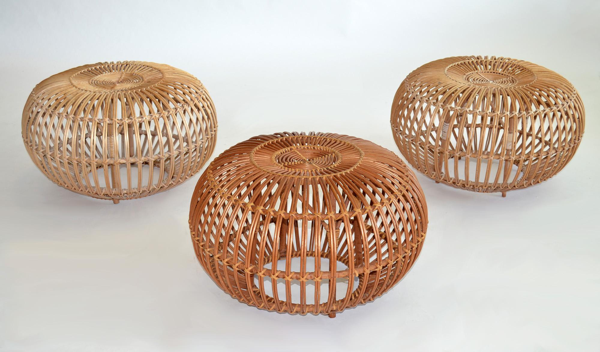 Set of Three Rattan Ottomans, Poufs or Stools by Franco Albini Italy, 1960s
Attributed to Franco Albini and Franca Helg round handwoven rattan, wicker ottoman, pouf, footstool or side tables. Price is for the set of three. Tones vary due to age and