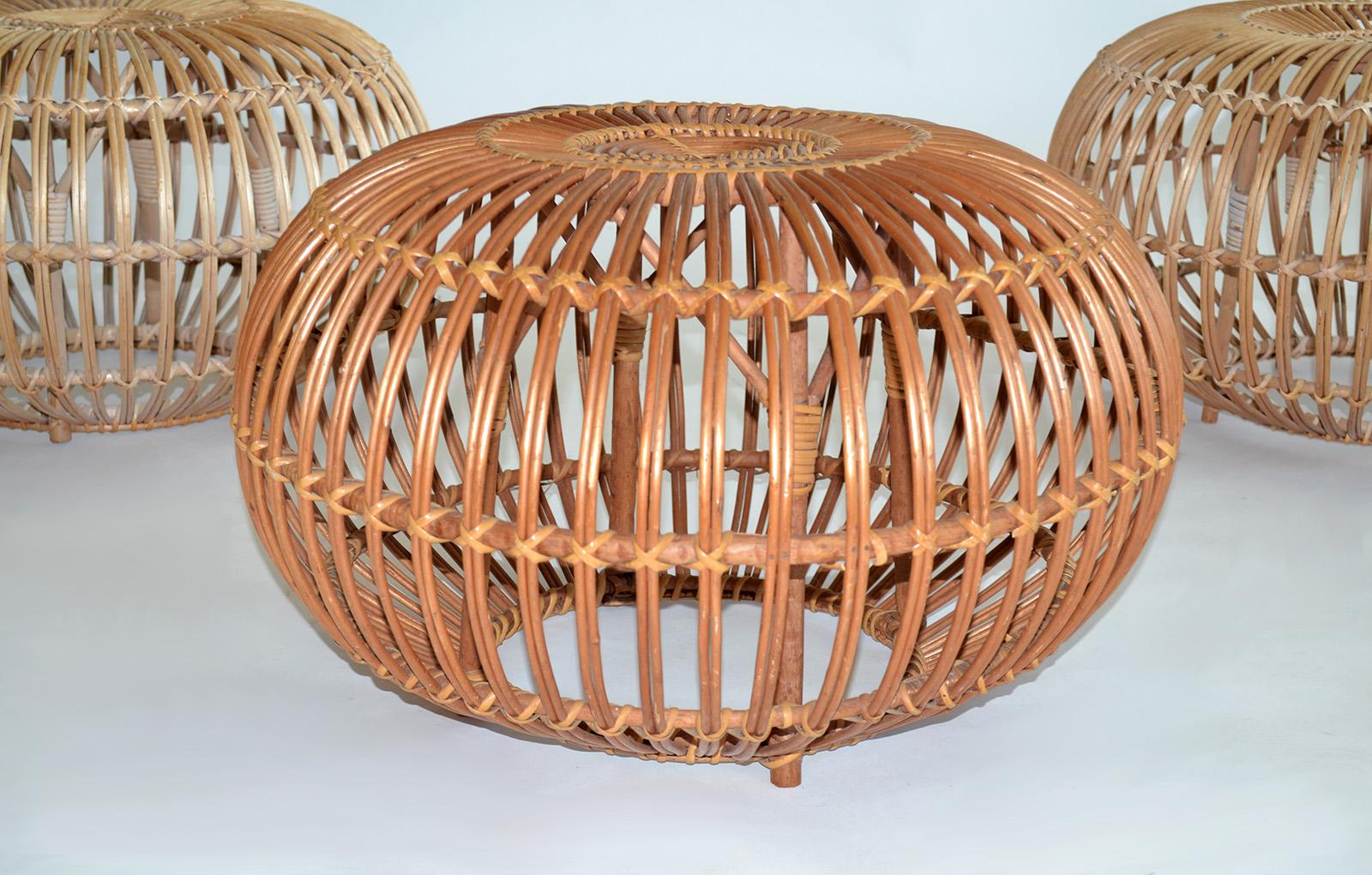 Mid-Century Modern Set of Three Rattan Ottomans, Poufs or Stools by Franco Albini Italy, 1960s