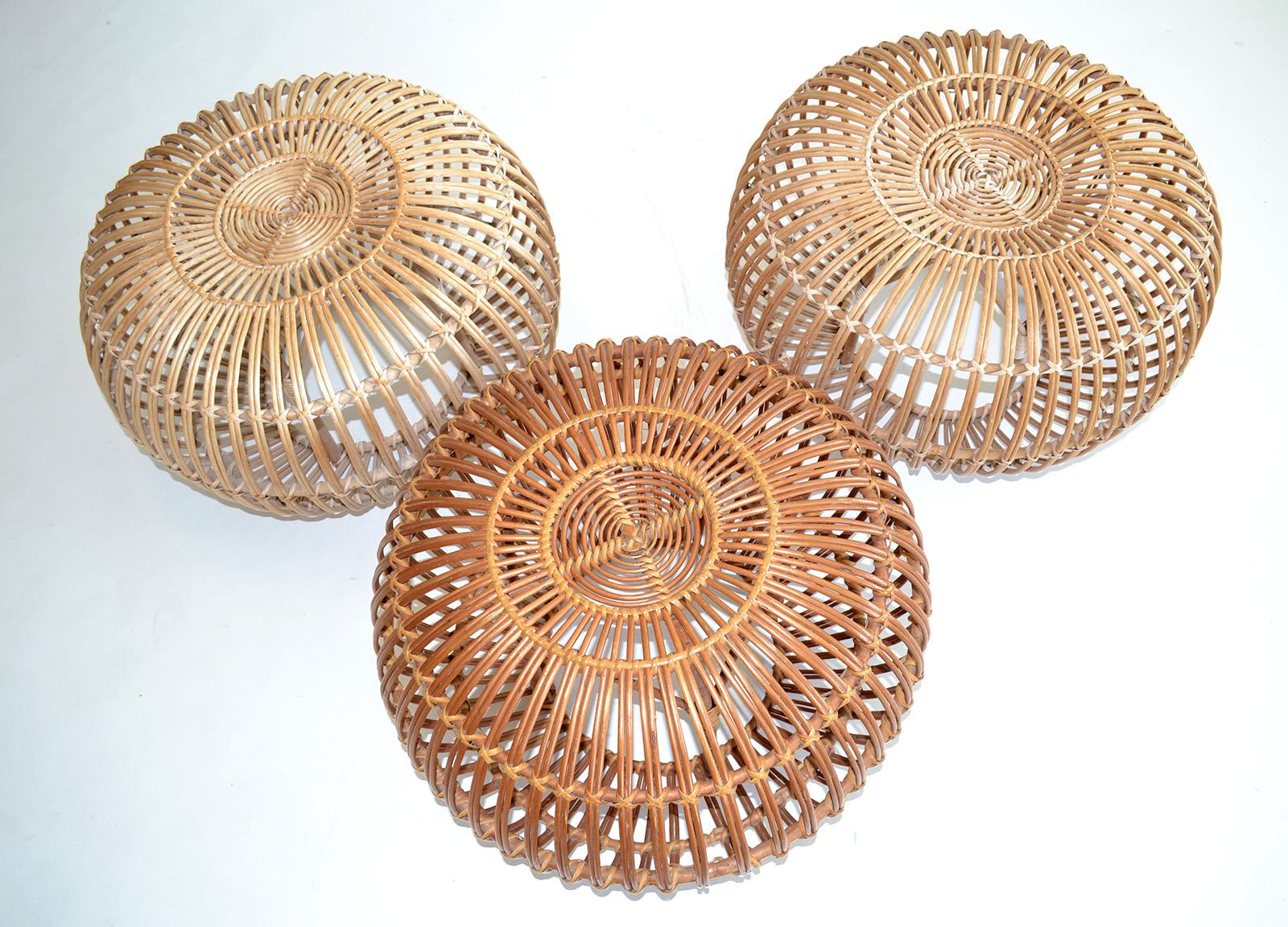 20th Century Set of Three Rattan Ottomans, Poufs or Stools by Franco Albini Italy, 1960s