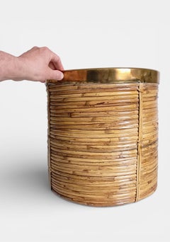 Mid-Century Organic Modern XL Pencil Reed / Rattan Planter with Brass Rim