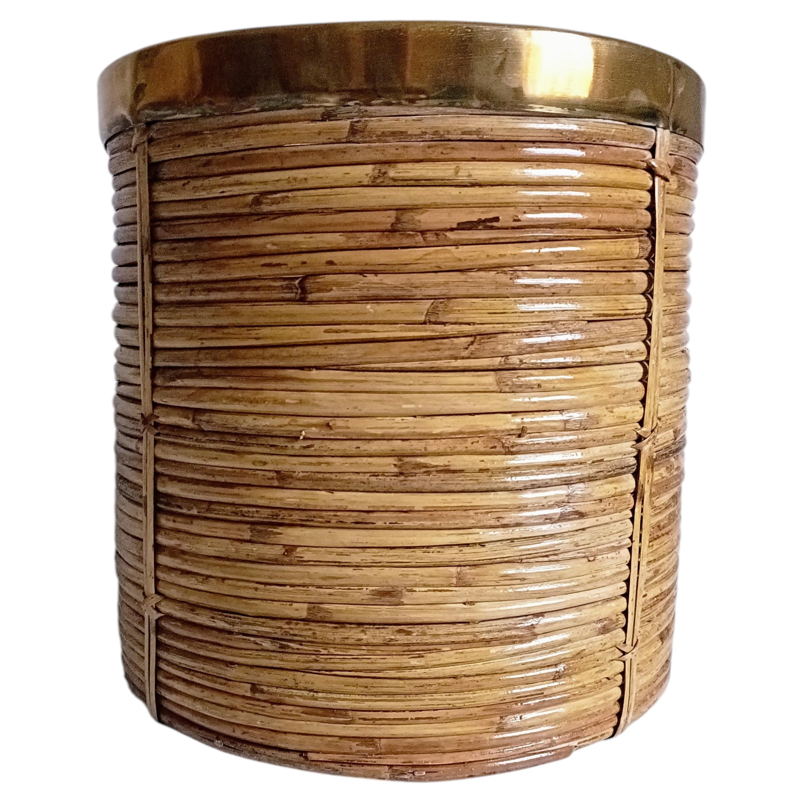 Tre fioriere grandi e XL in rattan e canna da zucchero con bordo in ottone, Italia, anni '60