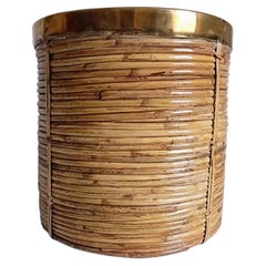 Mid-Century Organic Modern XL Pencil Reed / Rattan Planter with Brass Rim