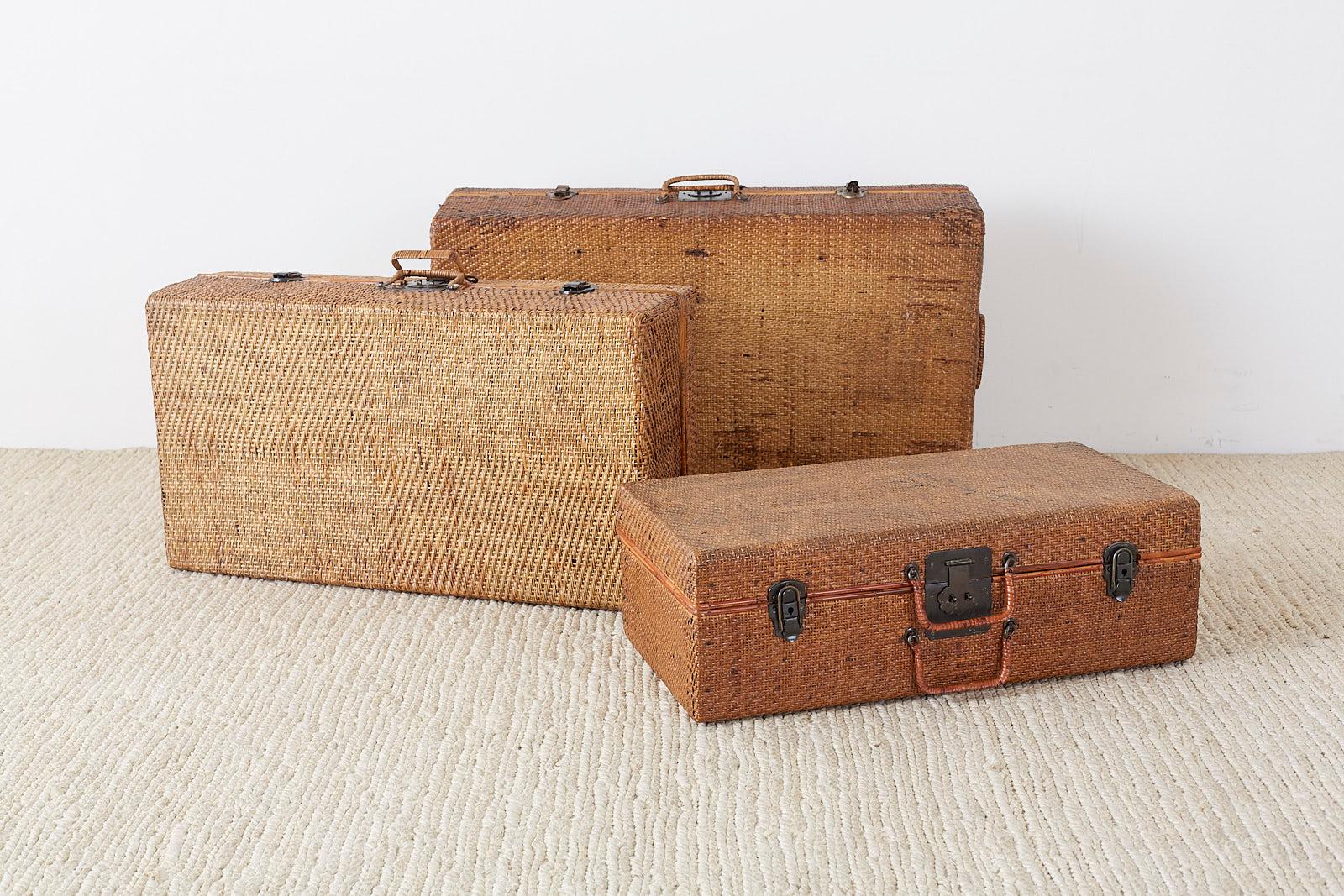 Set of Three Rattan Raffia Clad Wooden Suitcases 3