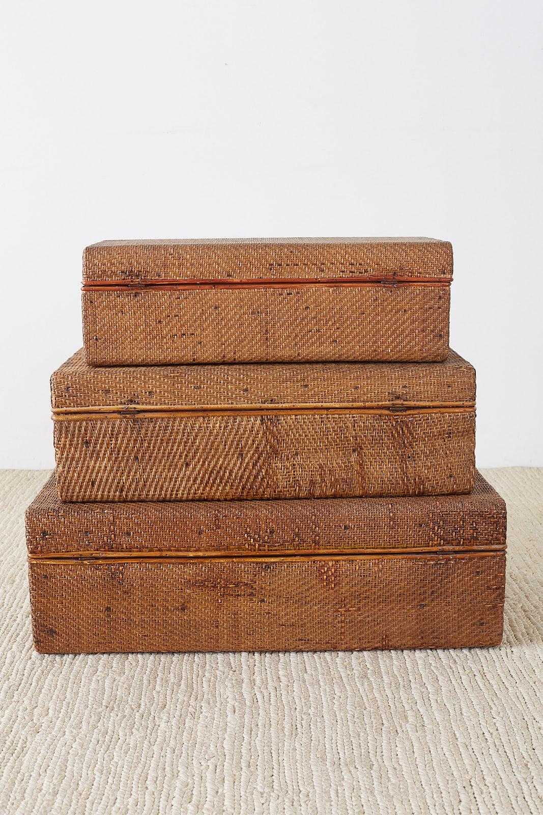 Set of Three Rattan Raffia Clad Wooden Suitcases 4