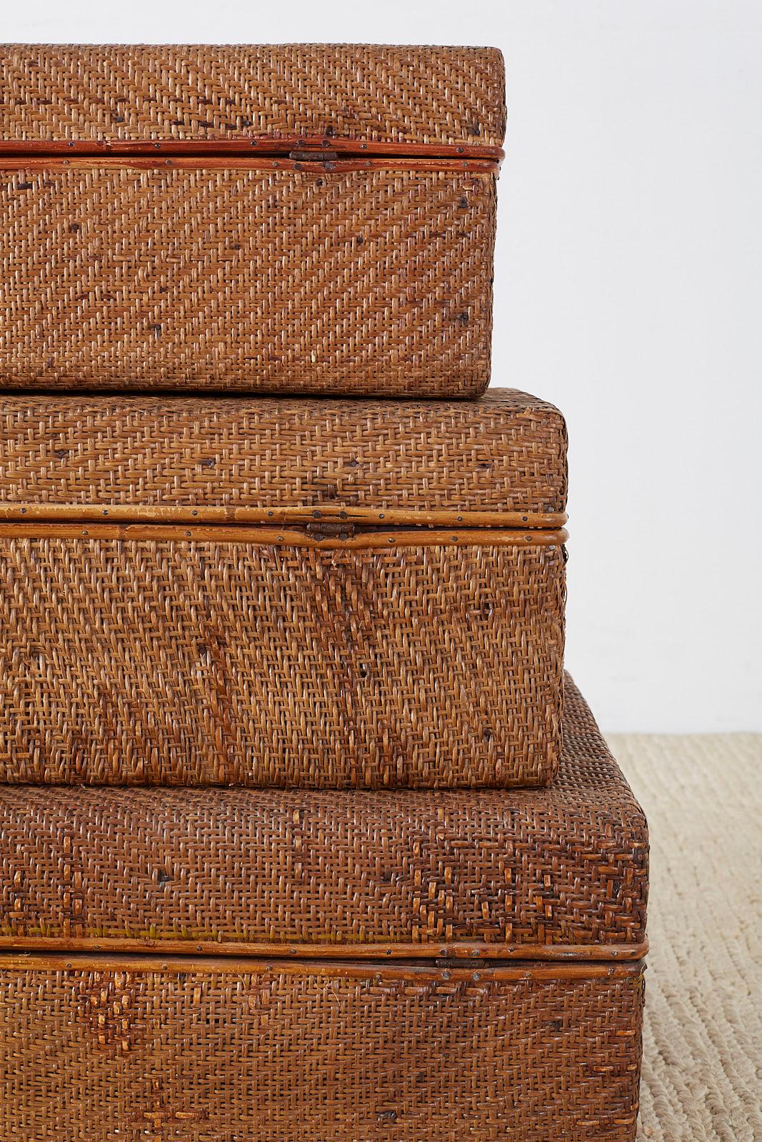 Set of Three Rattan Raffia Clad Wooden Suitcases 7