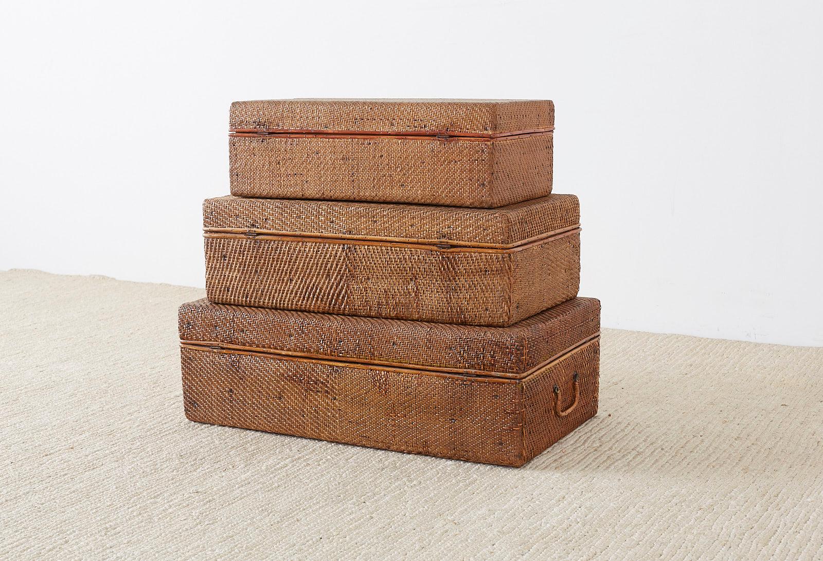 Set of Three Rattan Raffia Clad Wooden Suitcases 8