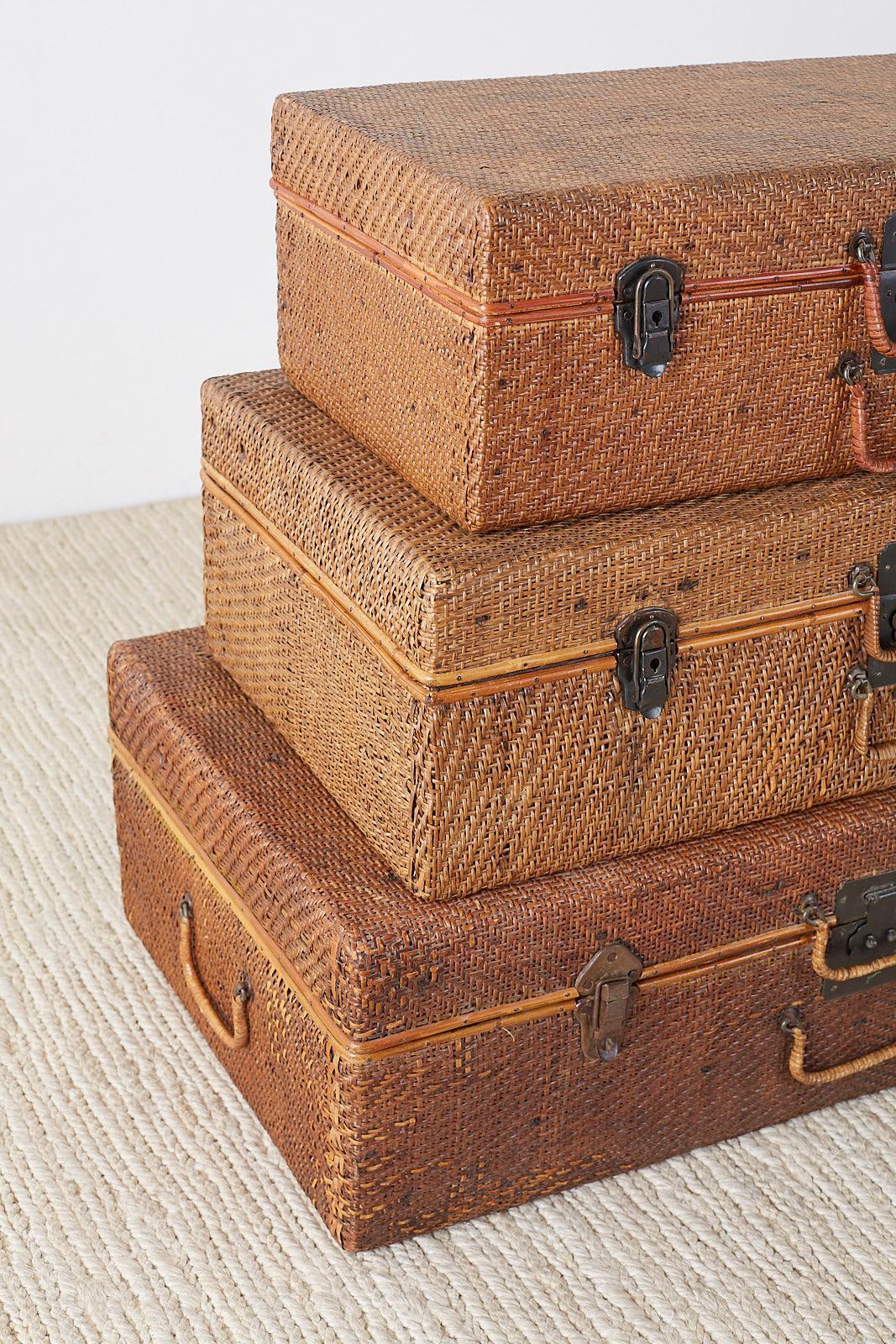 Asian Set of Three Rattan Raffia Clad Wooden Suitcases