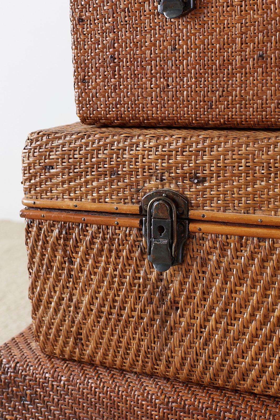 20th Century Set of Three Rattan Raffia Clad Wooden Suitcases