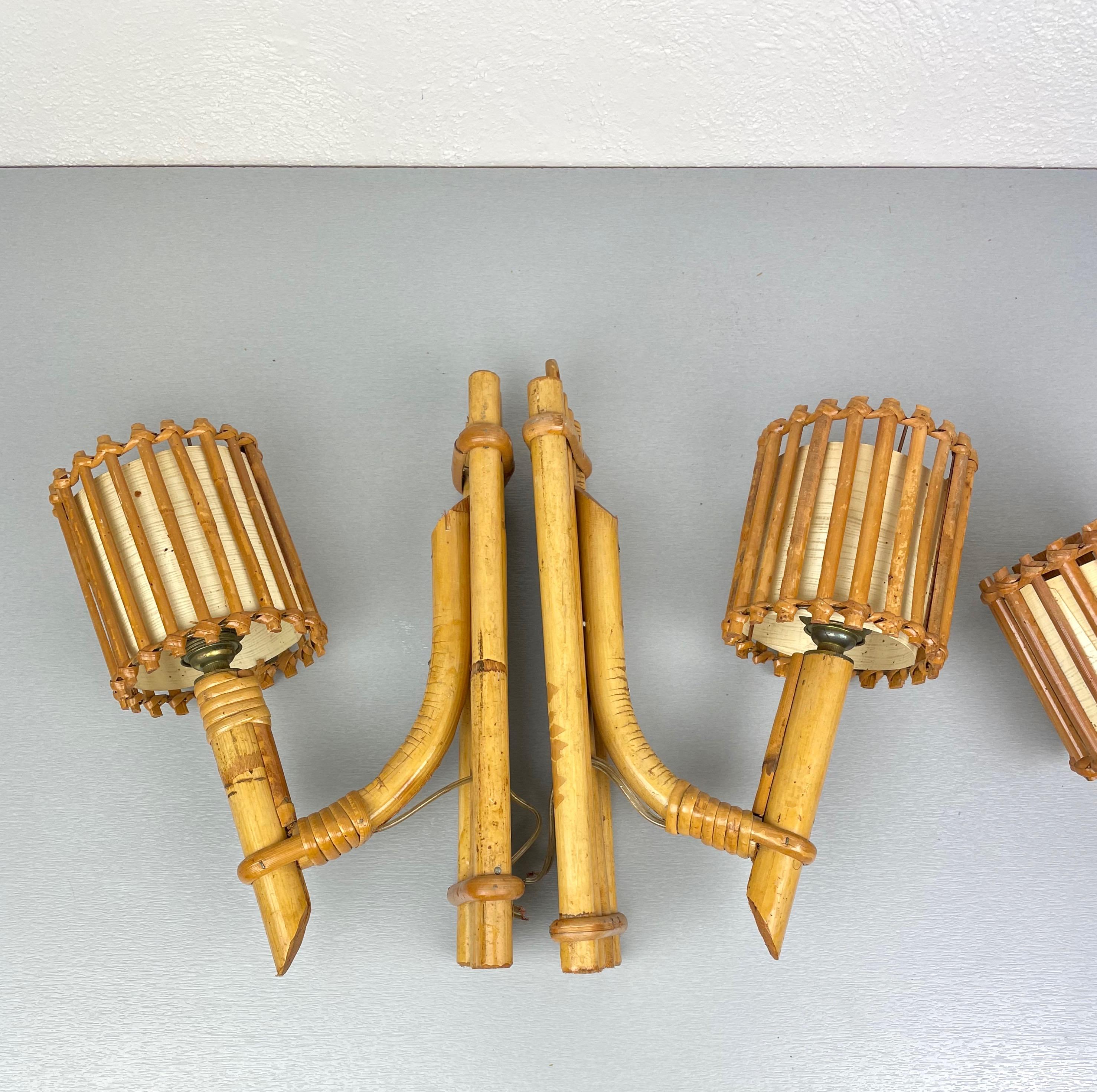 Set of Three Rattan Sconces Lantern by Louis Sognot, France, 1950s 5