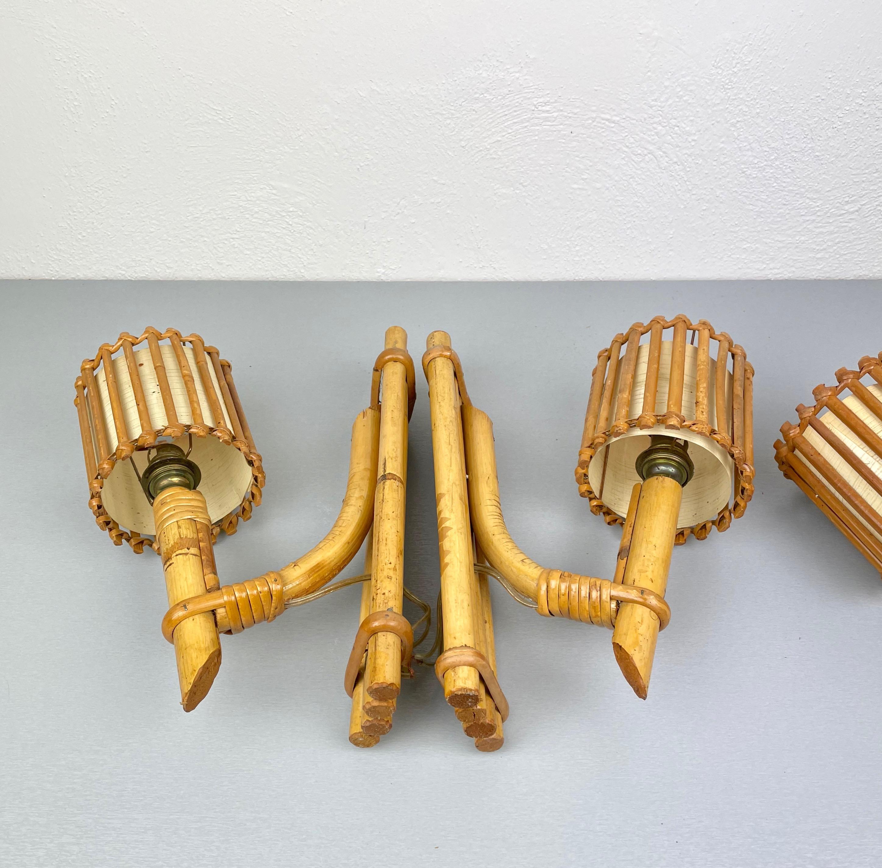 Set of Three Rattan Sconces Lantern by Louis Sognot, France, 1950s 6