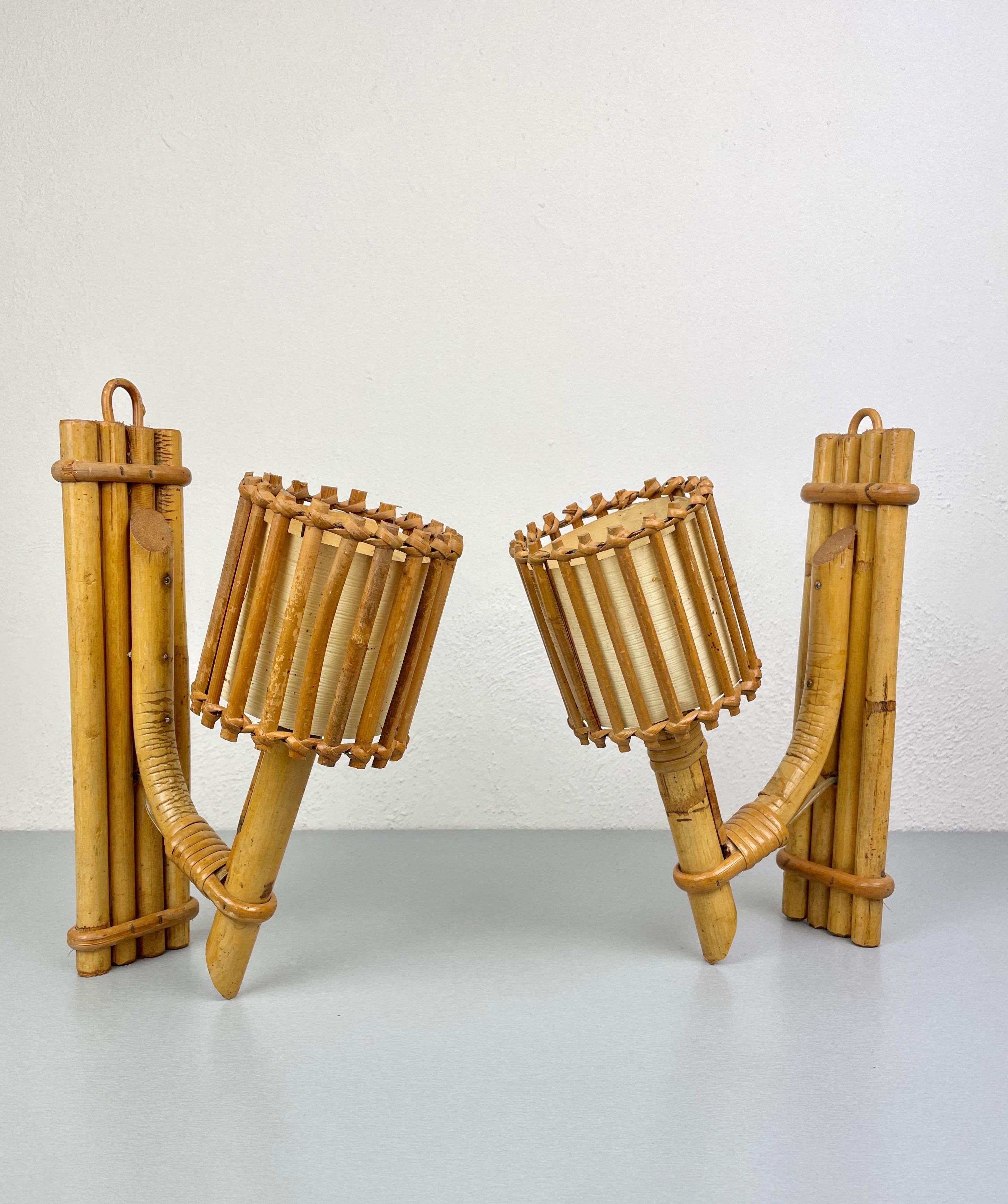 French Set of Three Rattan Sconces Lantern by Louis Sognot, France, 1950s