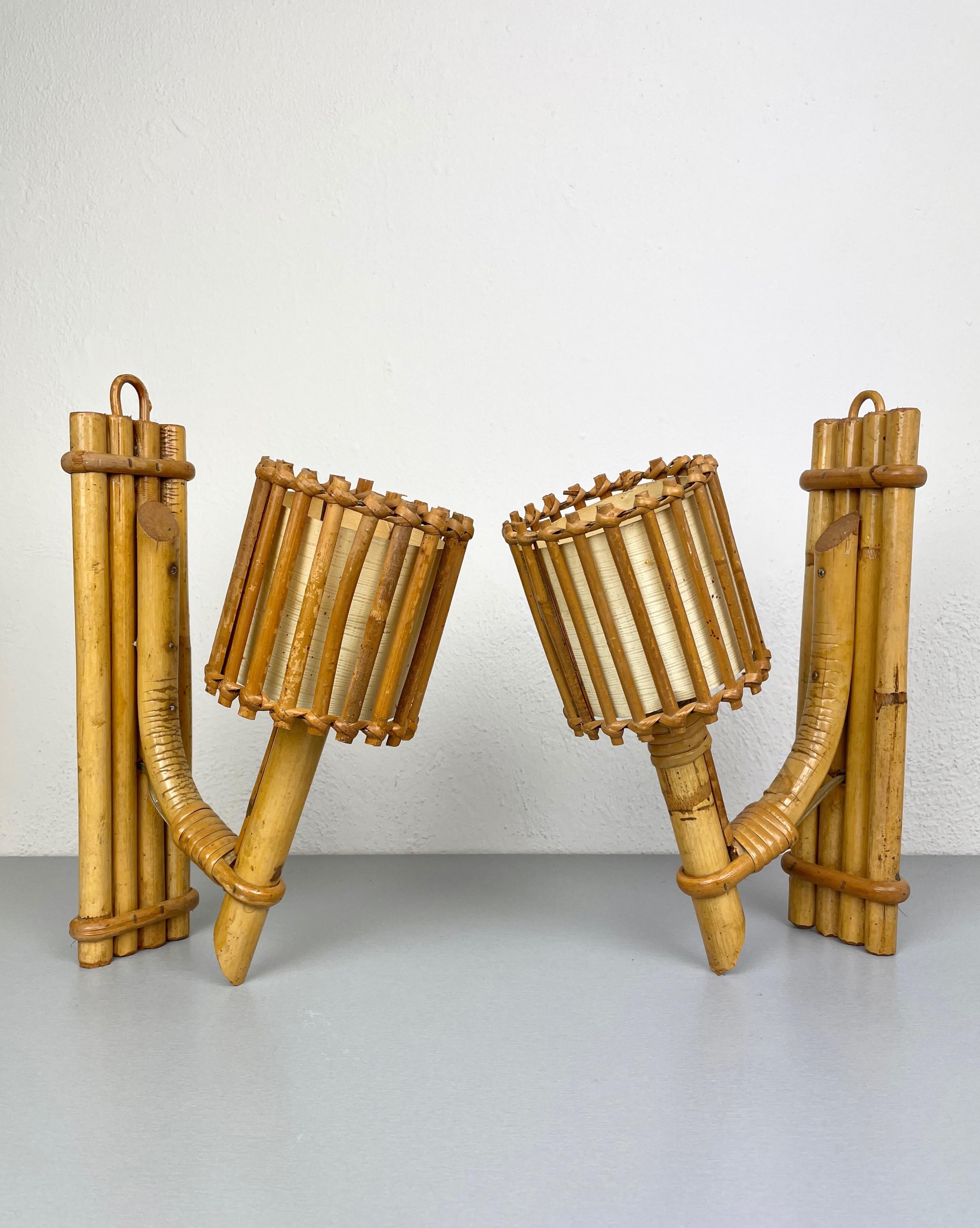 Set of Three Rattan Sconces Lantern by Louis Sognot, France, 1950s In Good Condition In Rome, IT